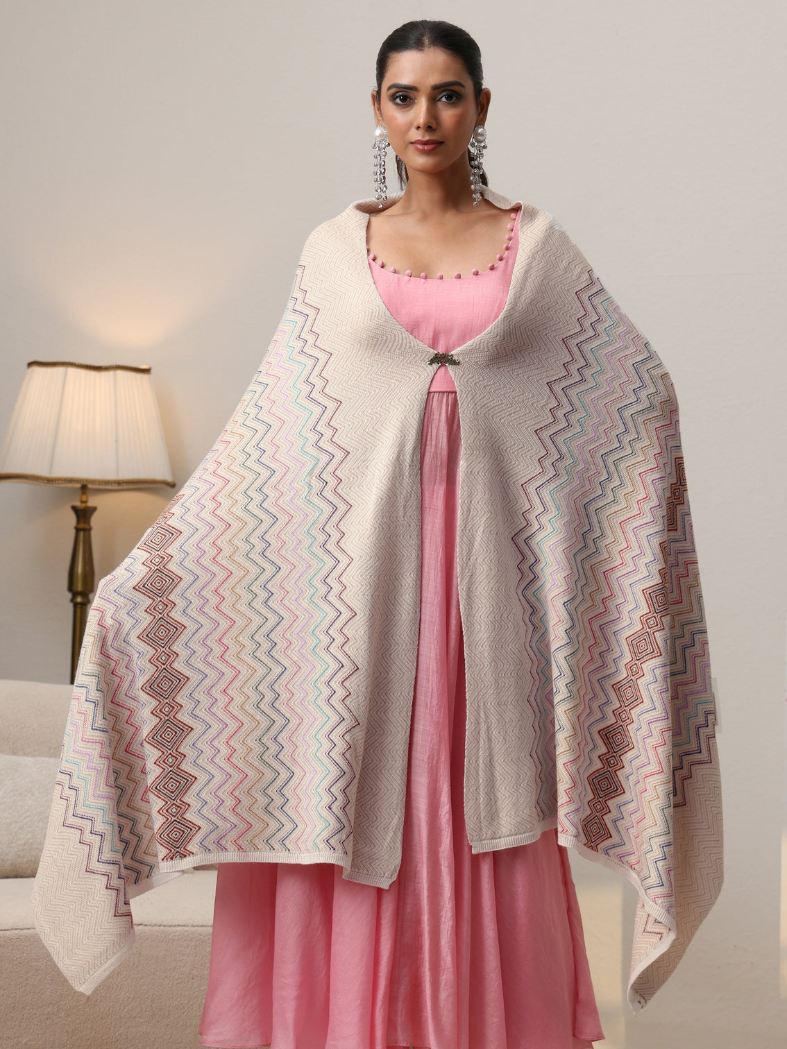 Mameraa Beige Chevron Knitted Acrylic Wrap Shawl