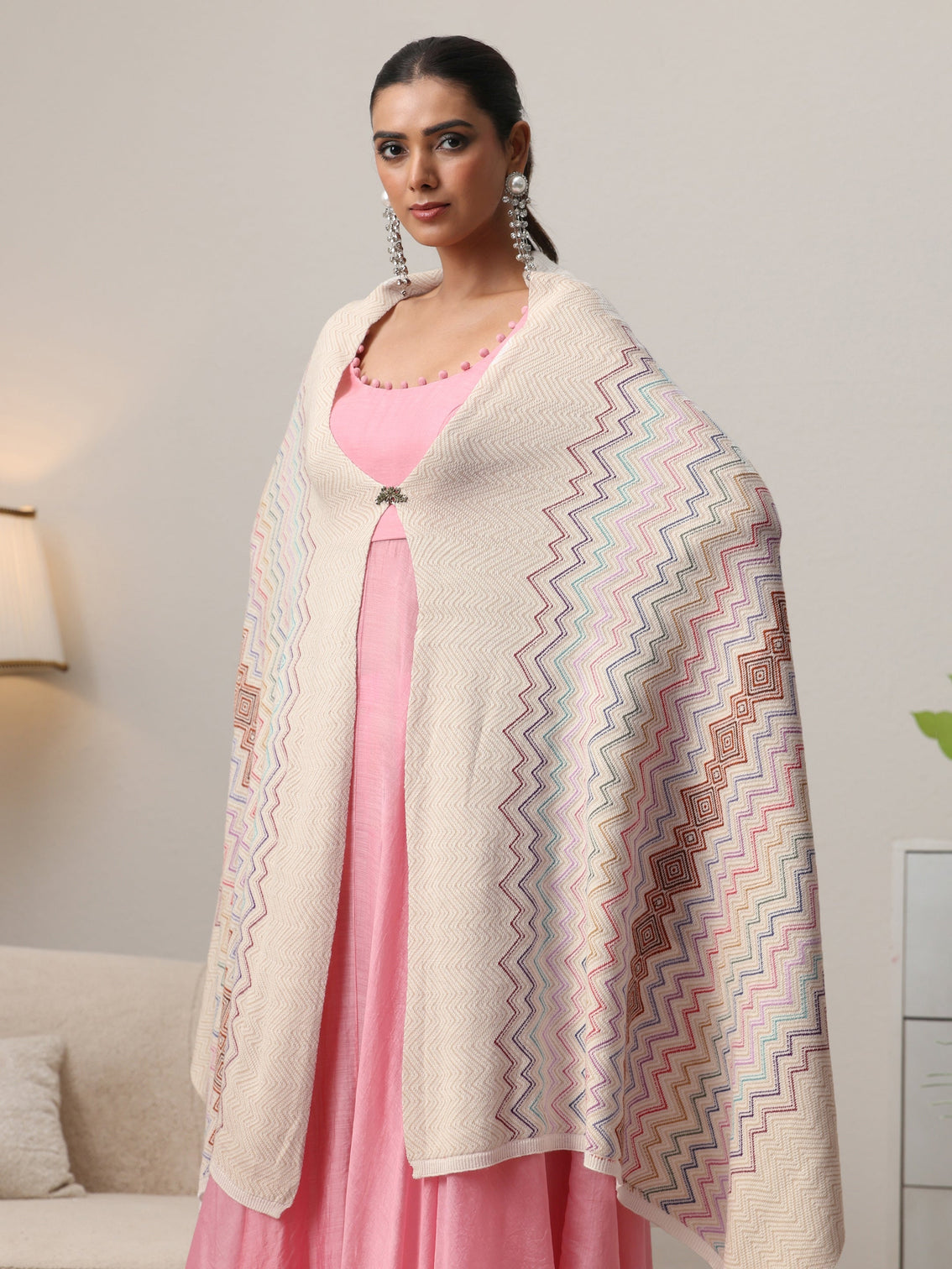 Mameraa Beige Chevron Knitted Acrylic Wrap Shawl