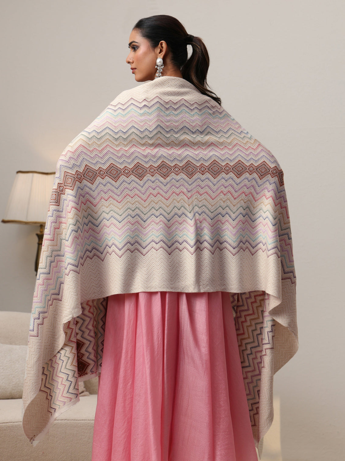 Mameraa Beige Chevron Knitted Acrylic Wrap Shawl