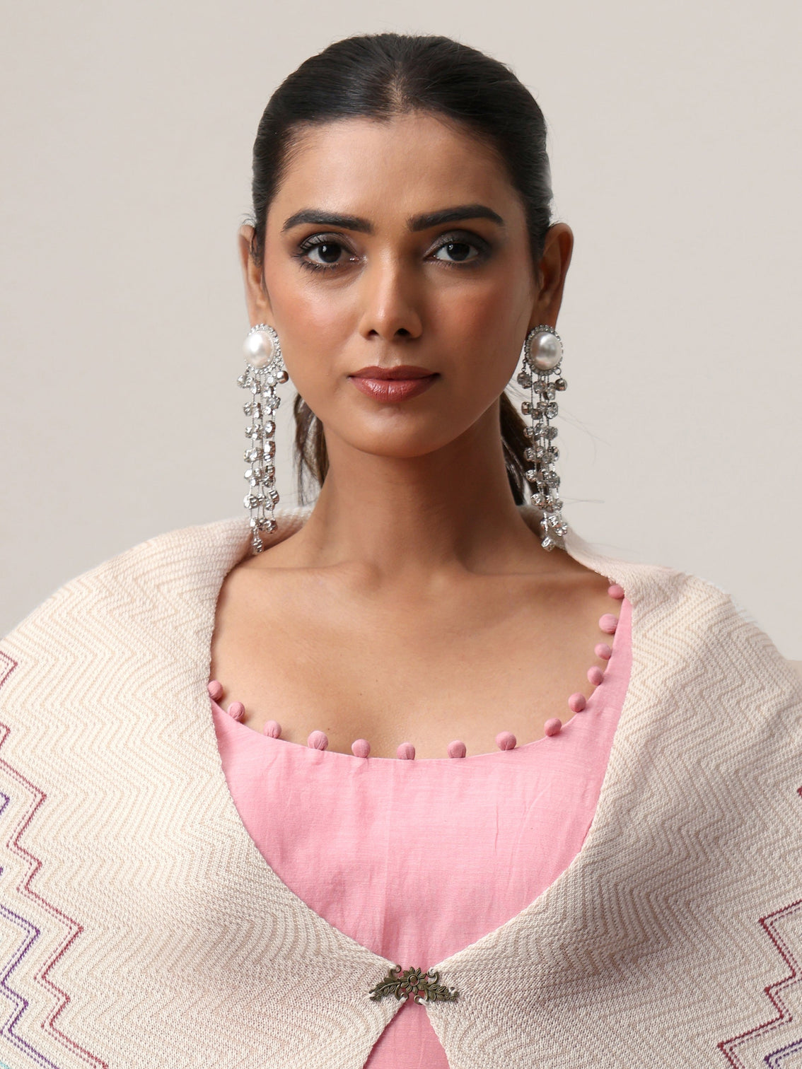 Mameraa Beige Chevron Knitted Acrylic Wrap Shawl