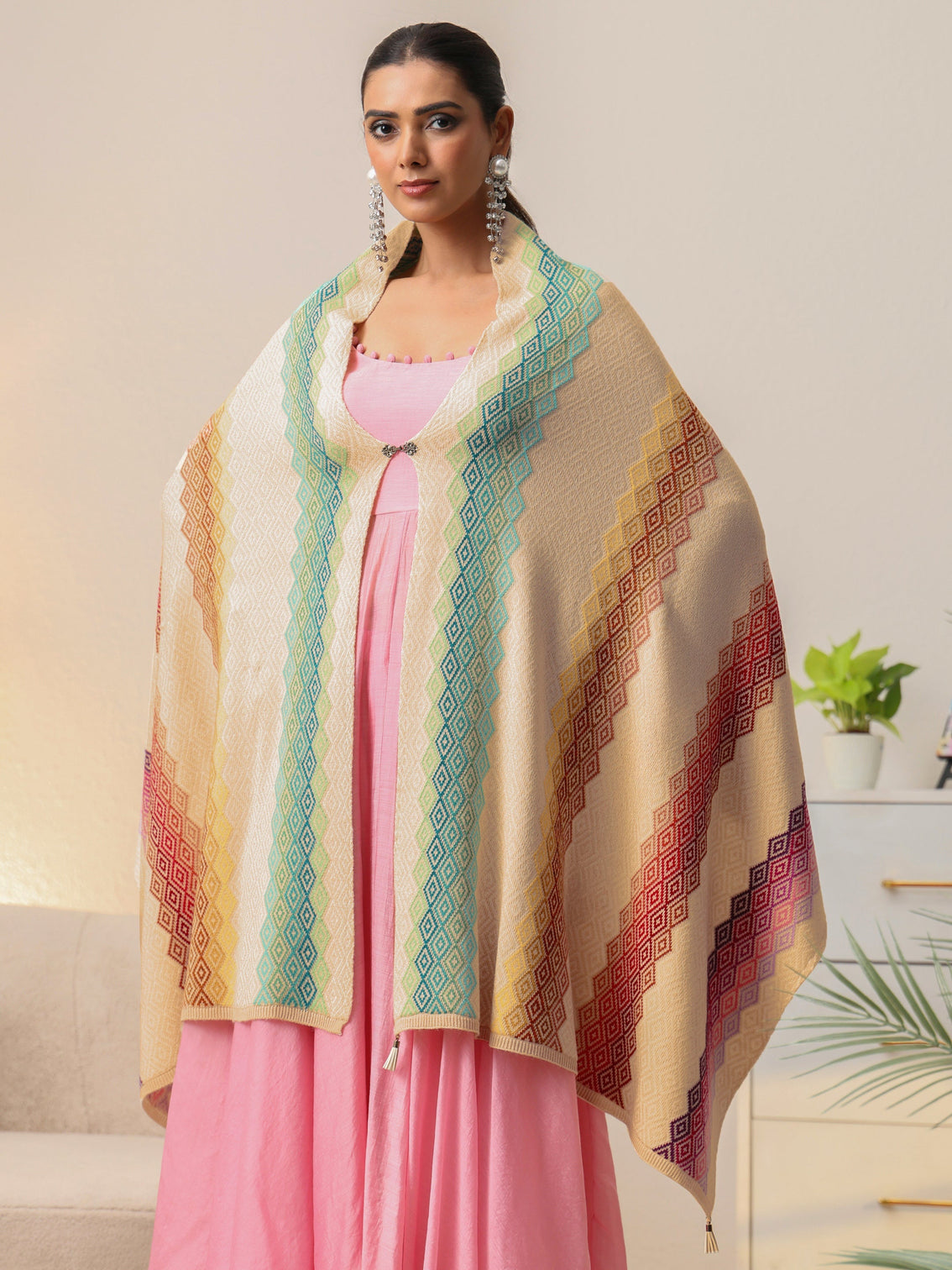 Mameraa Beige Geometric Knitted Acrylic Wrap Shawl