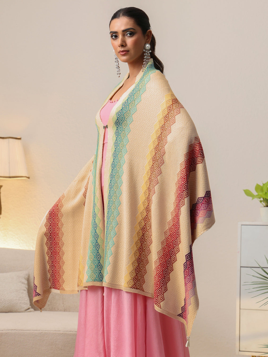 Mameraa Beige Geometric Knitted Acrylic Wrap Shawl