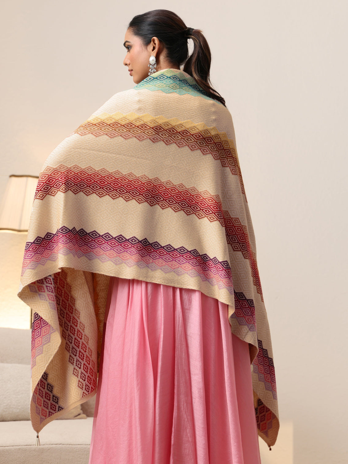 Mameraa Beige Geometric Knitted Acrylic Wrap Shawl