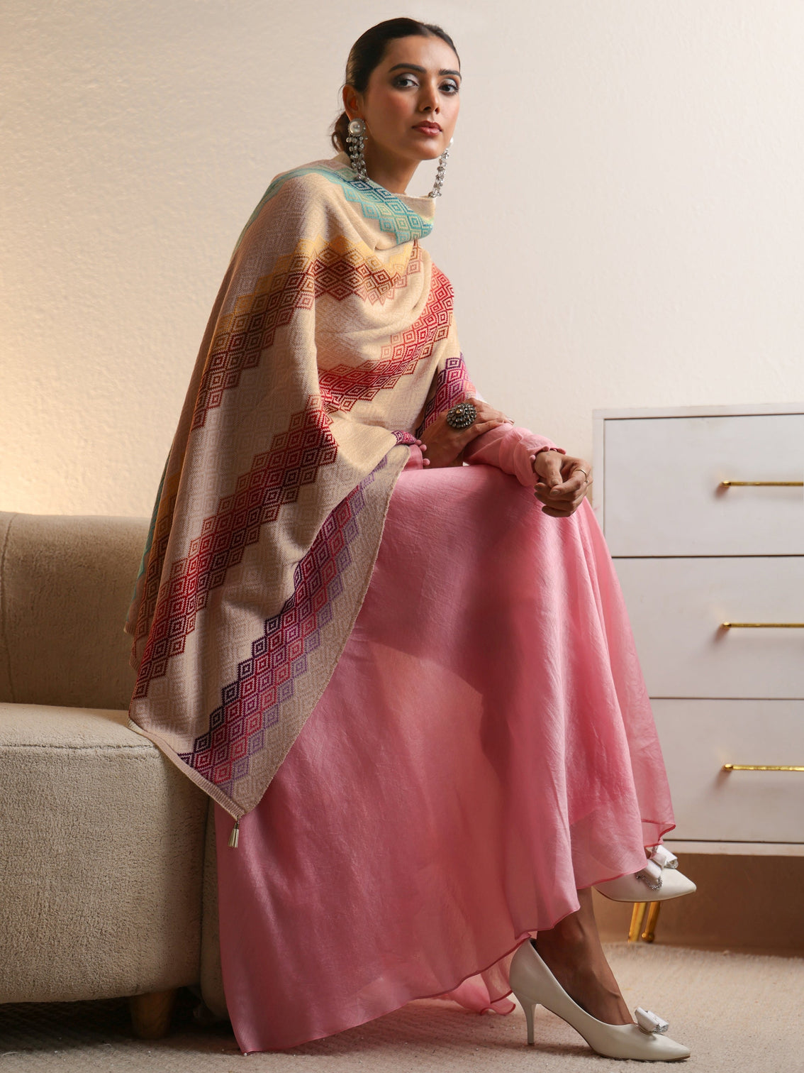 Mameraa Beige Geometric Knitted Acrylic Wrap Shawl