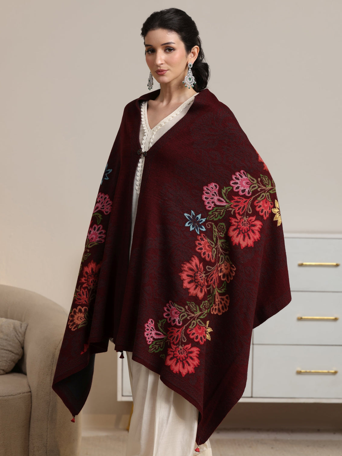 Mameraa Maroon Floral Knitted Acrylic Wrap Shawl