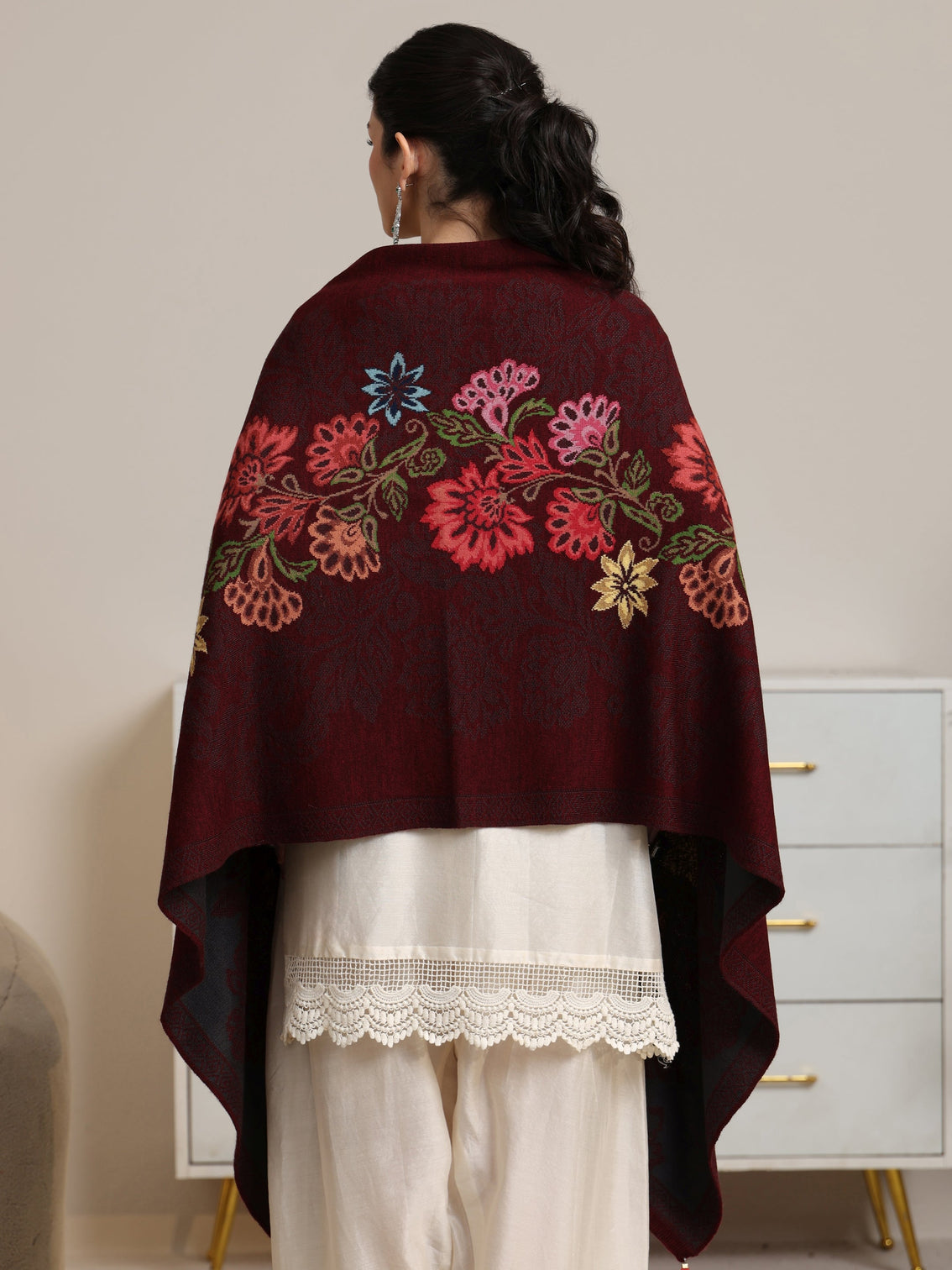 Mameraa Maroon Floral Knitted Acrylic Wrap Shawl