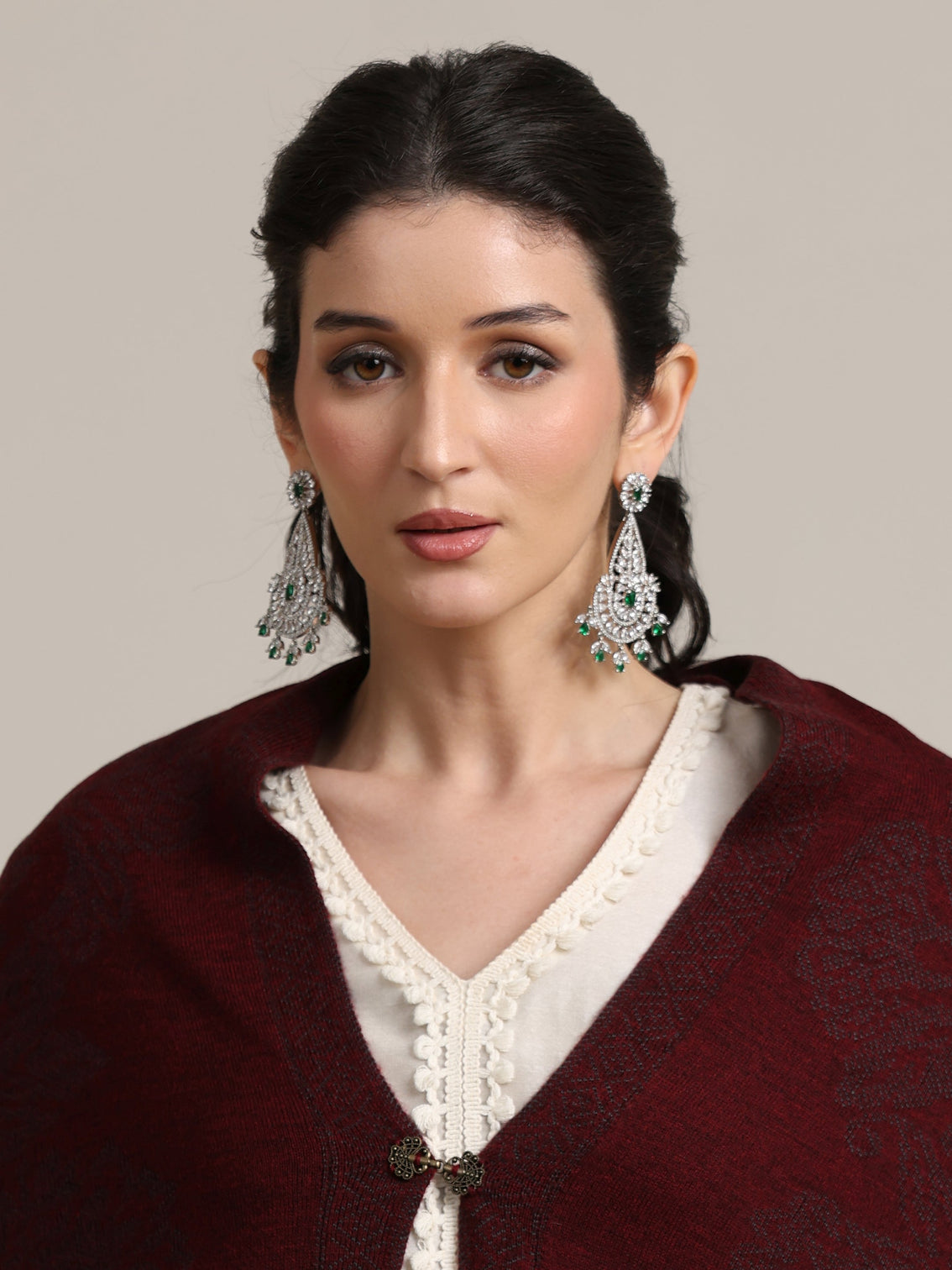 Mameraa Maroon Floral Knitted Acrylic Wrap Shawl