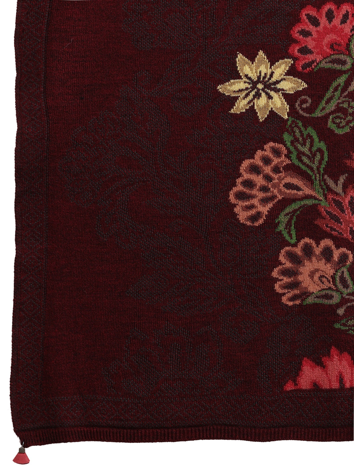 Mameraa Maroon Floral Knitted Acrylic Wrap Shawl