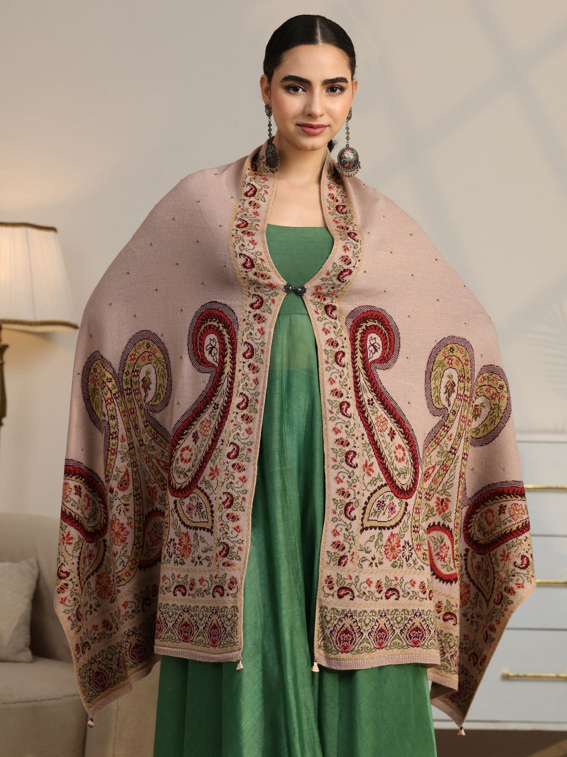 Mameraa Beige Paisley Knitted Acrylic Wrap Shawl