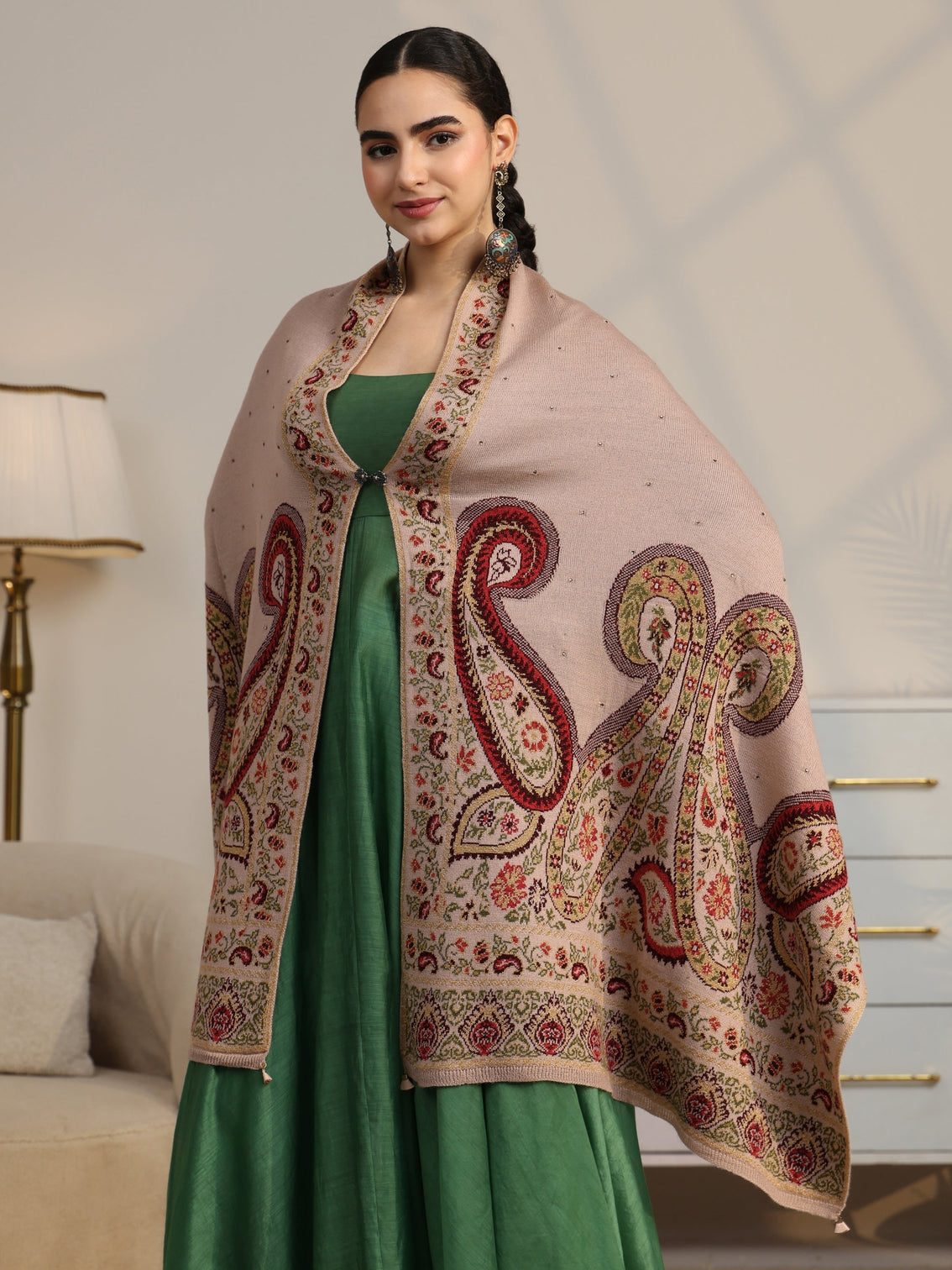 Mameraa Beige Paisley Knitted Acrylic Wrap Shawl