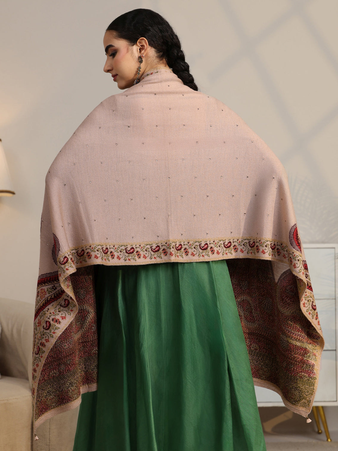 Mameraa Beige Paisley Knitted Acrylic Wrap Shawl