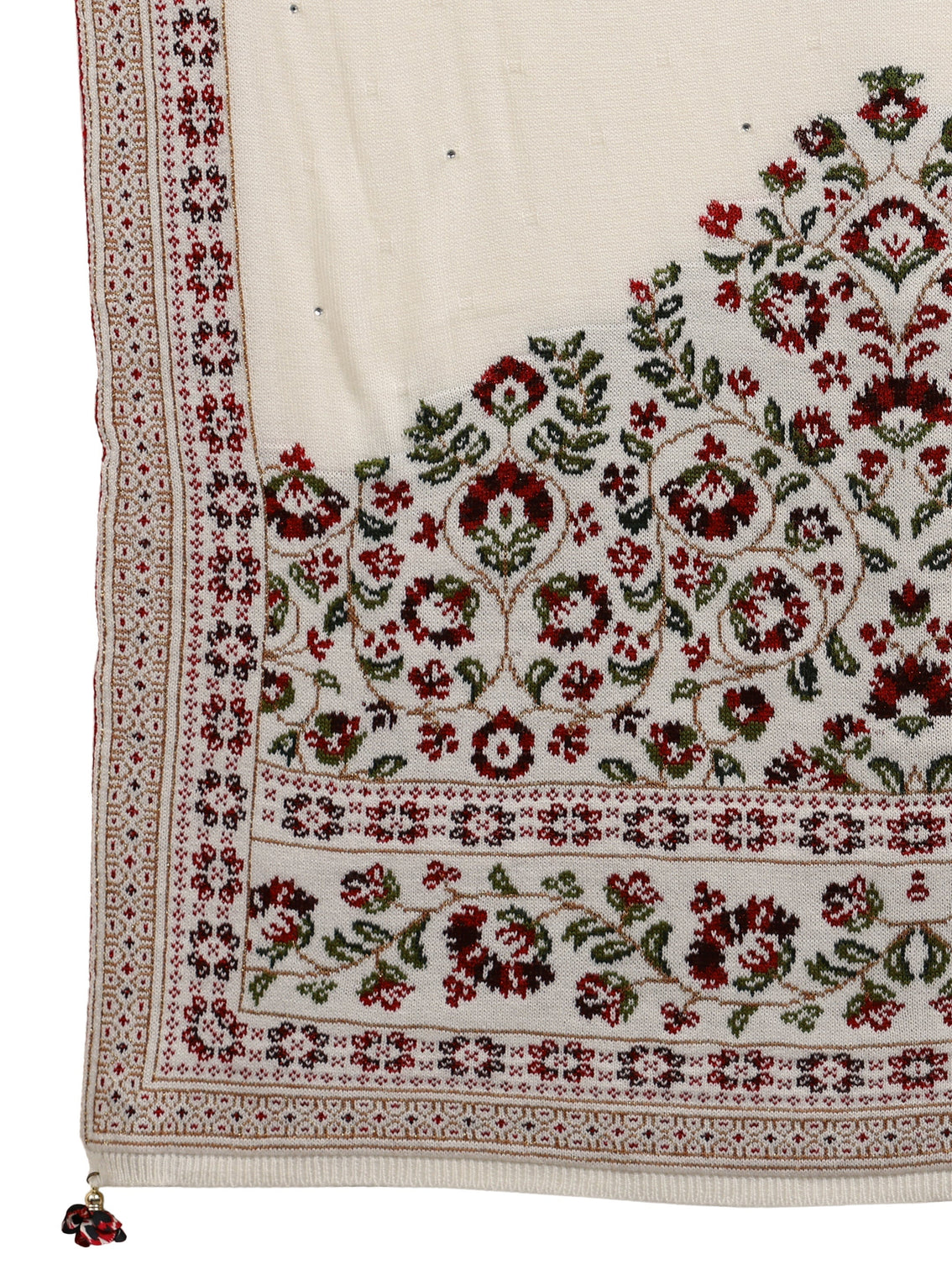 Mameraa White Floral Knitted Acrylic Wrap Shawl
