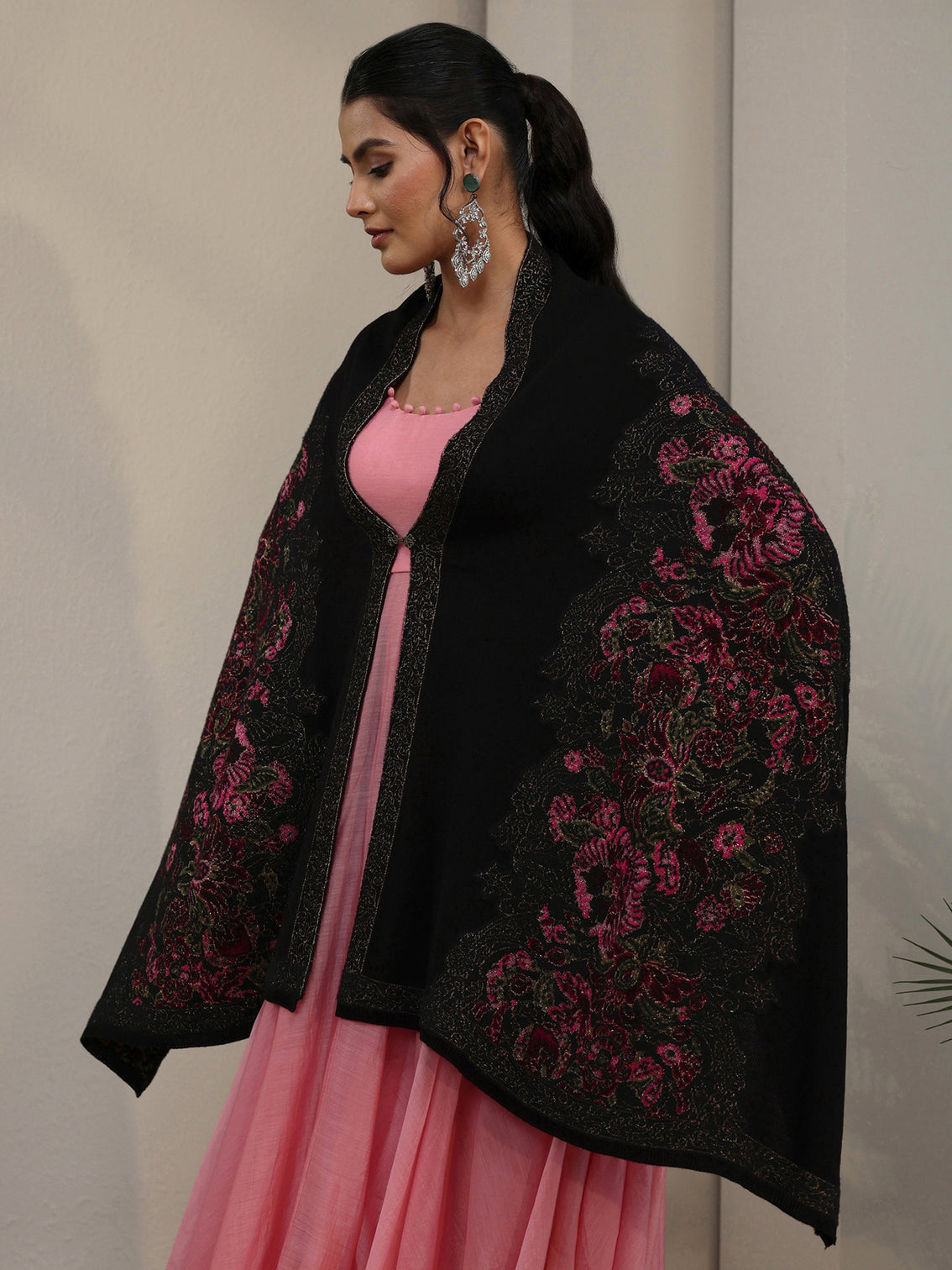 Mameraa Black Floral Knitted Acrylic Wrap Shawl
