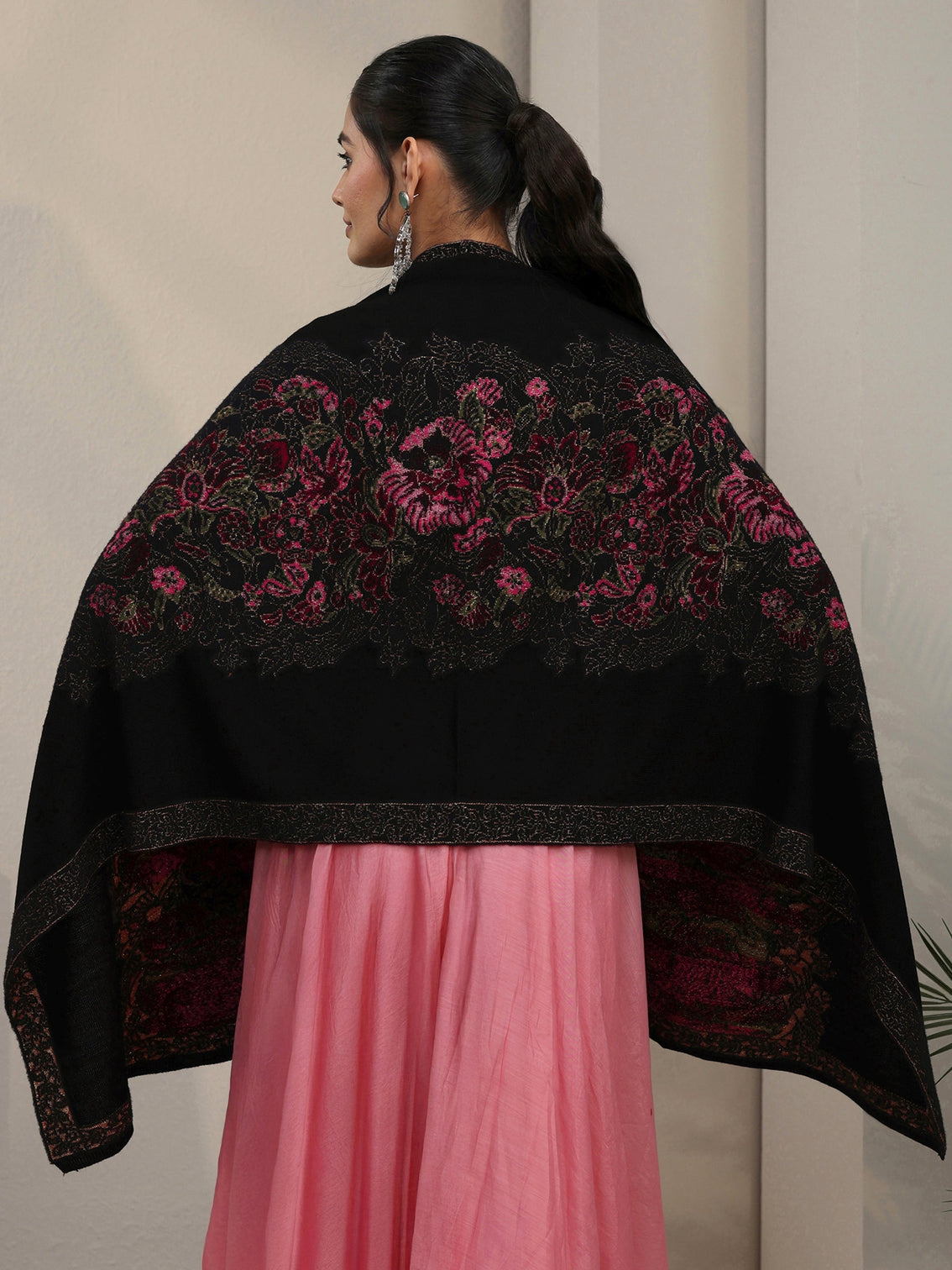 Mameraa Black Floral Knitted Acrylic Wrap Shawl