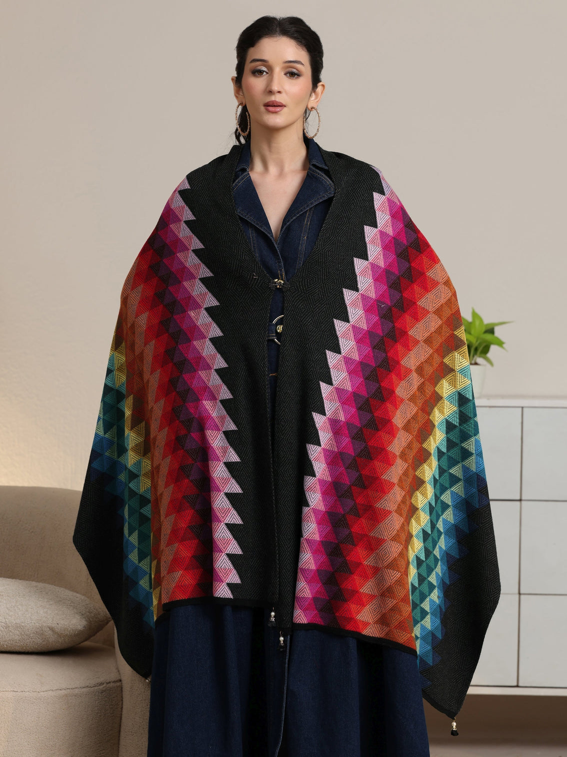Mameraa Multi Colour Geometric Knitted Acrylic Wrap Shawl