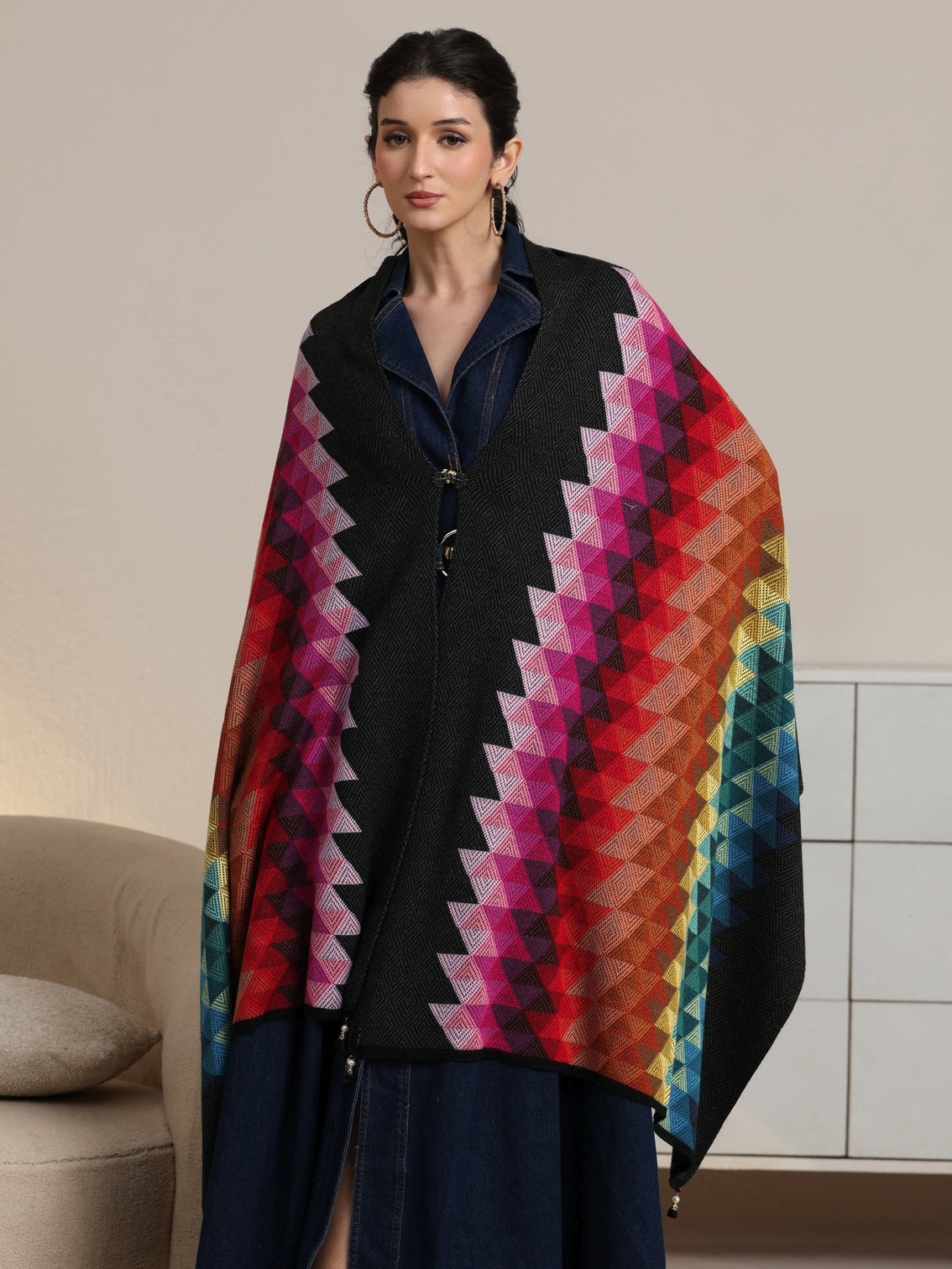 Mameraa Multi Colour Geometric Knitted Acrylic Wrap Shawl