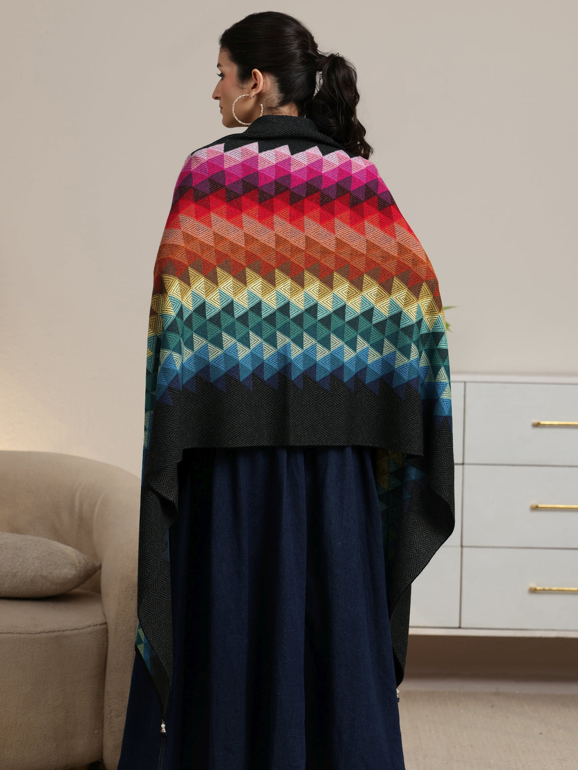 Mameraa Multi Colour Geometric Knitted Acrylic Wrap Shawl