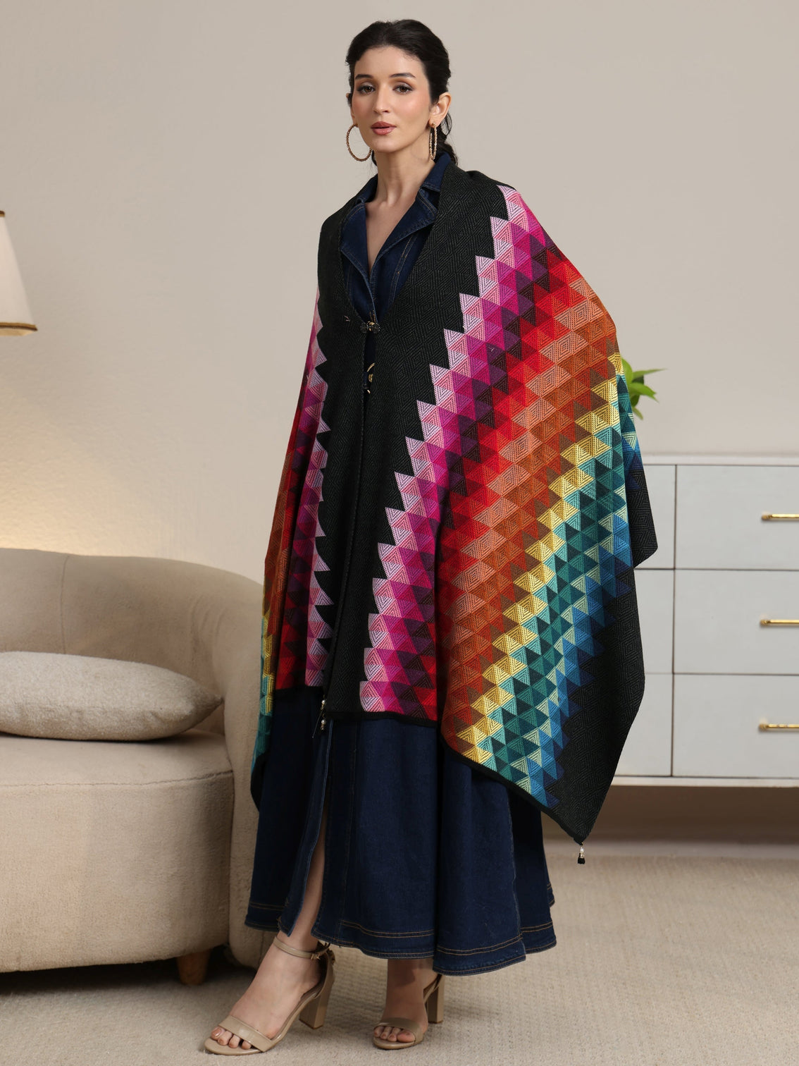 Mameraa Multi Colour Geometric Knitted Acrylic Wrap Shawl
