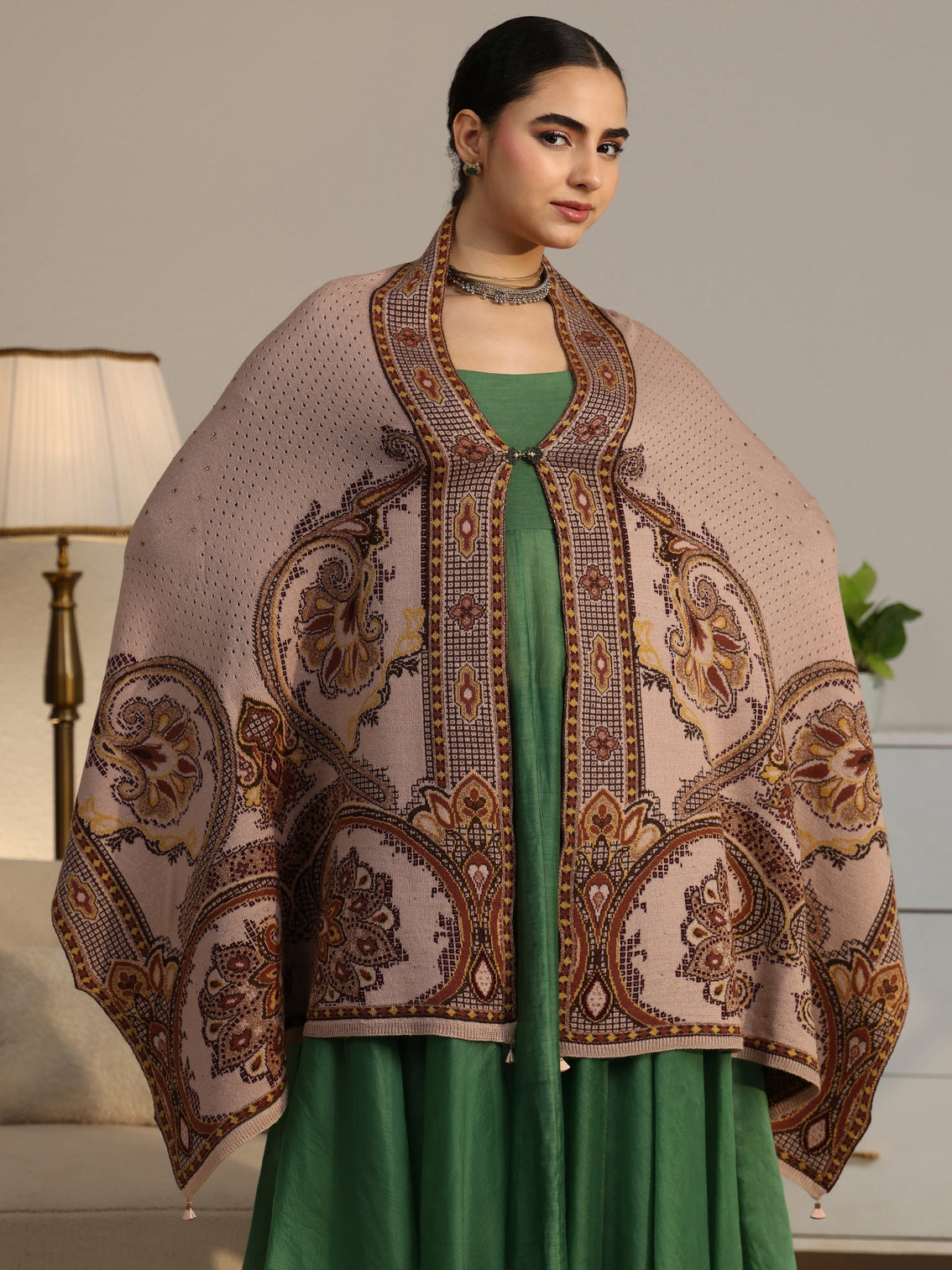 Mameraa Beige Knitted Acrylic Wrap Shawl