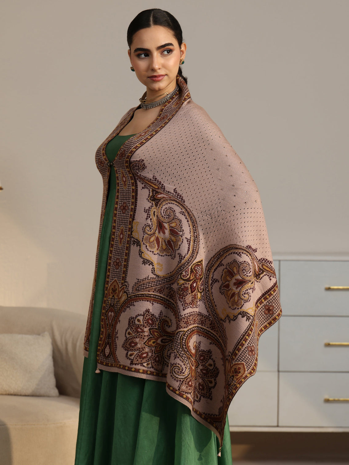 Mameraa Beige Knitted Acrylic Wrap Shawl