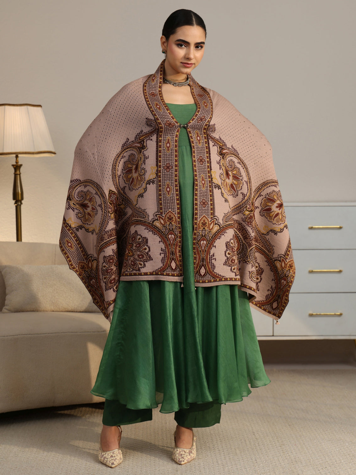 Mameraa Beige Knitted Acrylic Wrap Shawl