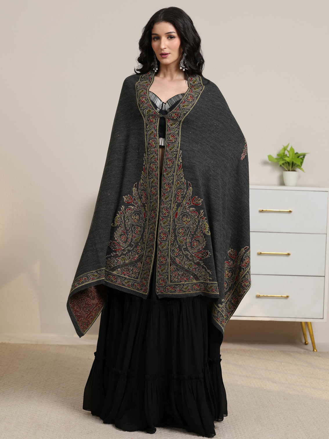 Mameraa Dark Grey Floral Knitted Acrylic Wrap Shawl