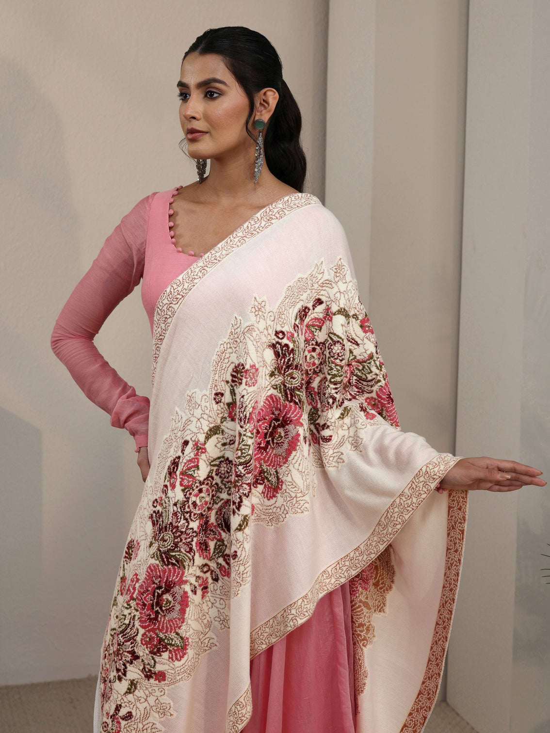 Mameraa Off White Floral Knitted Acrylic Shawl