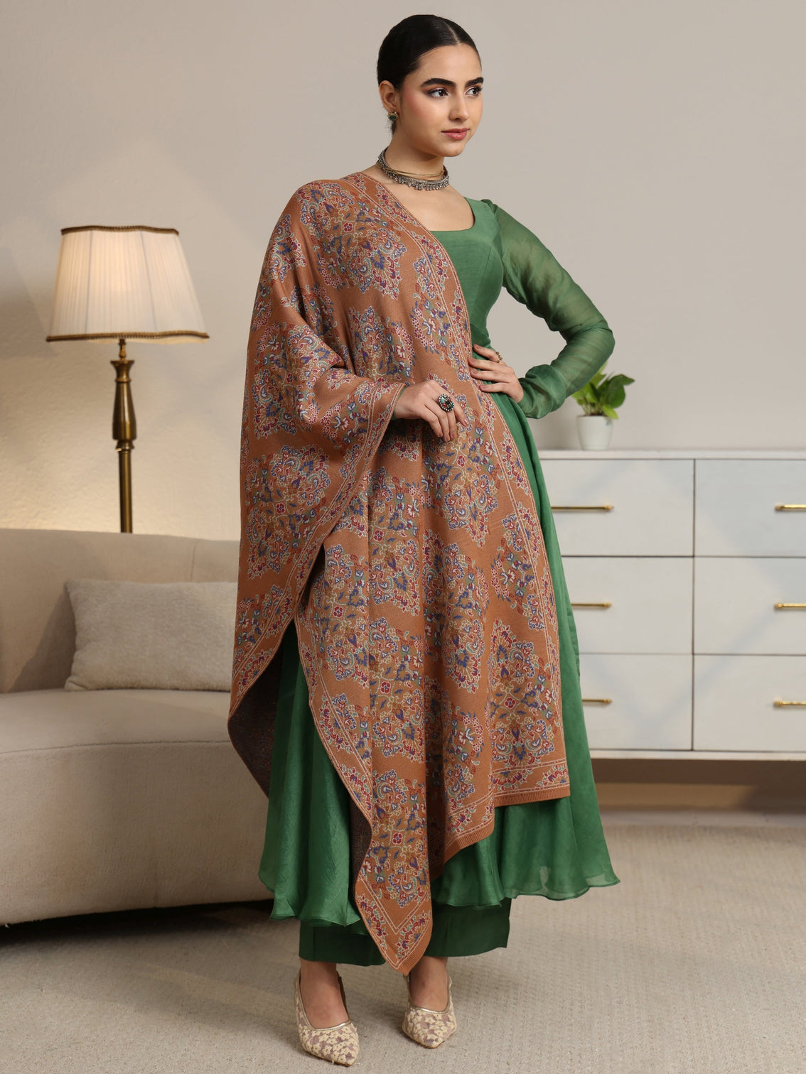 Mameraa Rust Brown Ethnic Knitted Acrylic Shawl