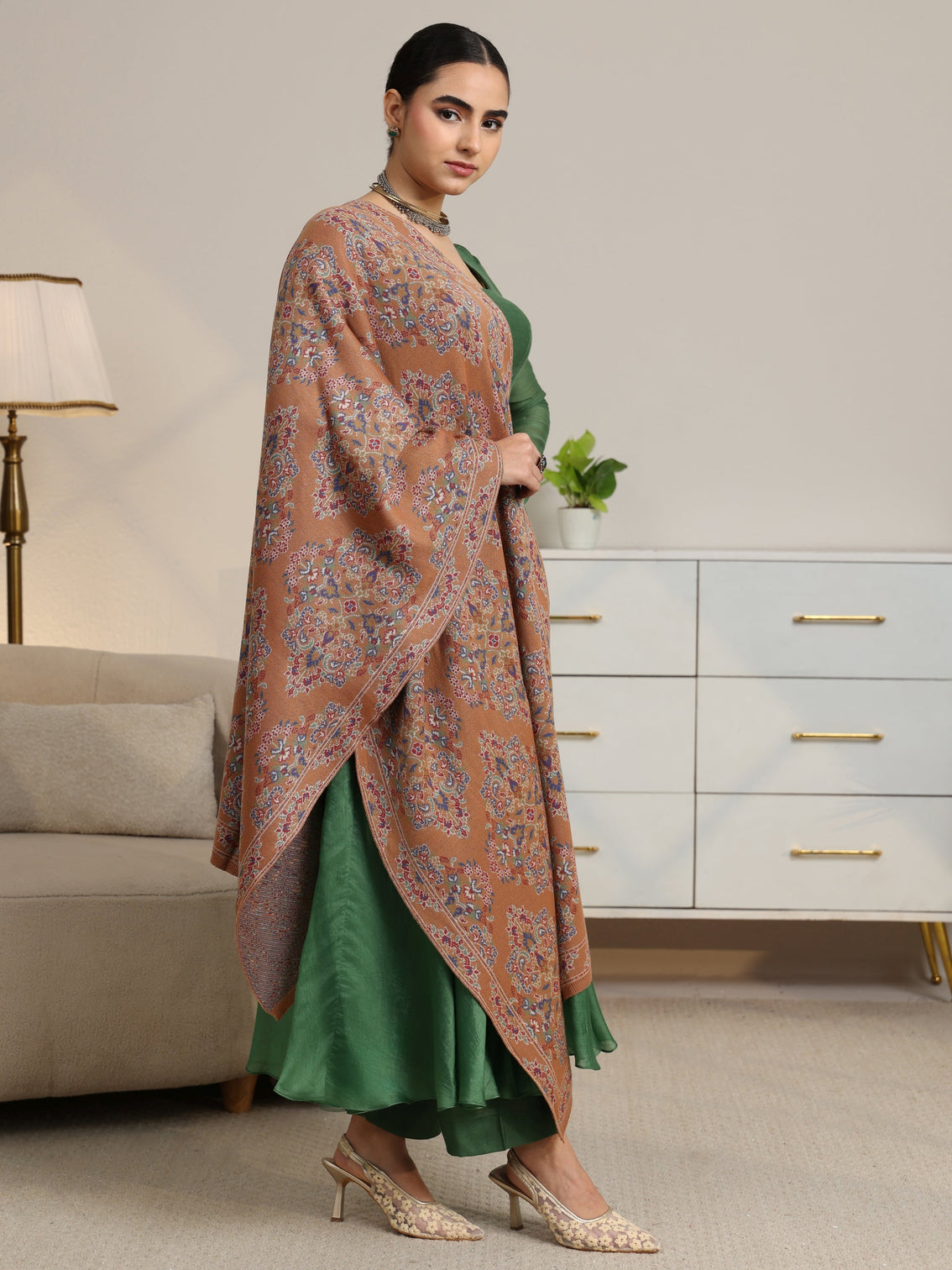 Mameraa Rust Brown Ethnic Knitted Acrylic Shawl