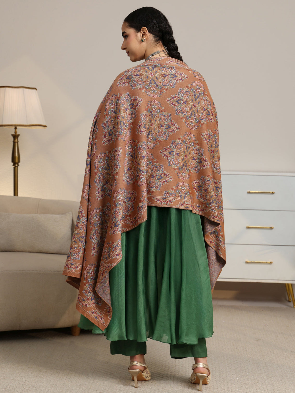 Mameraa Rust Brown Ethnic Knitted Acrylic Shawl
