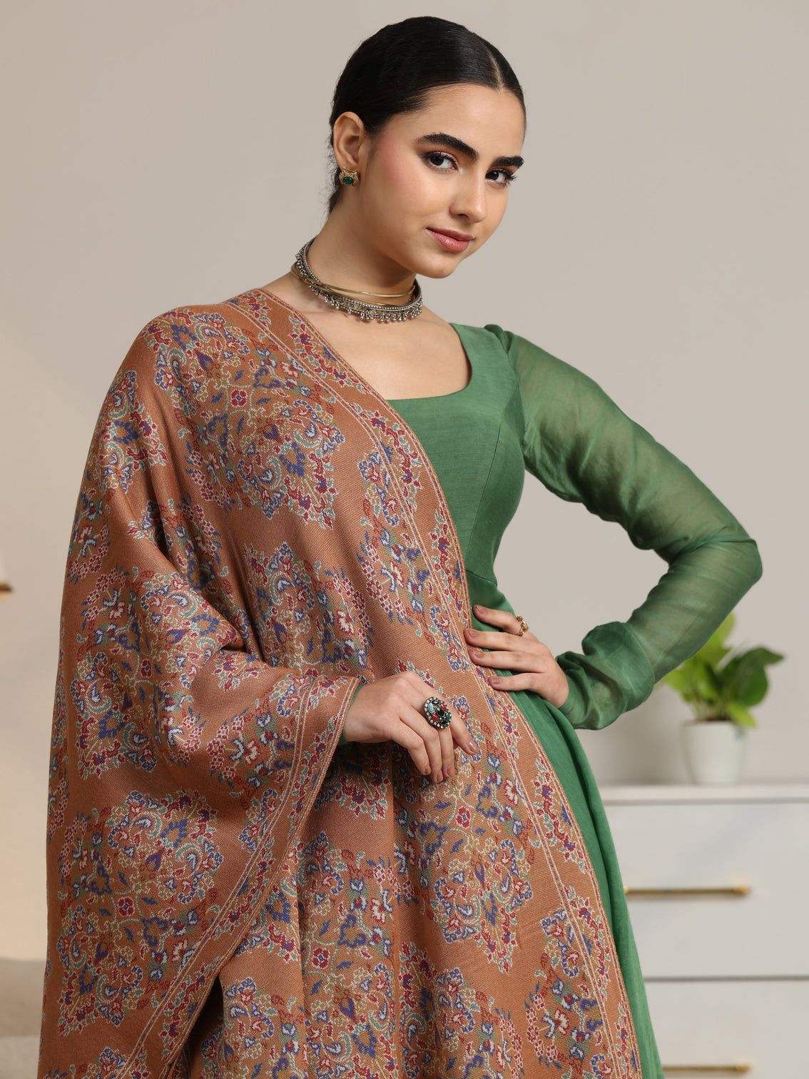 Mameraa Rust Brown Ethnic Knitted Acrylic Shawl