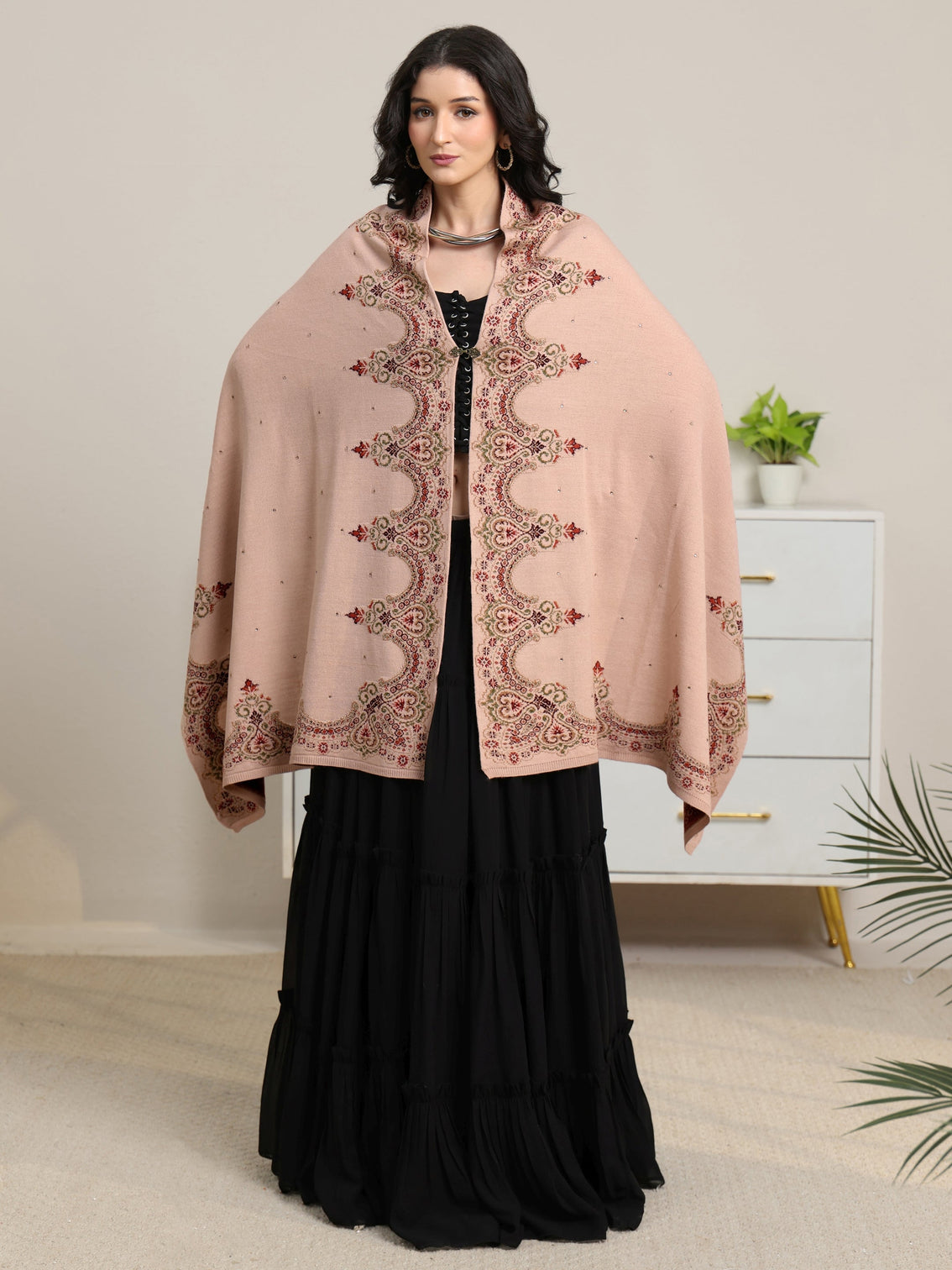 Mameraa Beige Knitted Acrylic Wrap Shawl