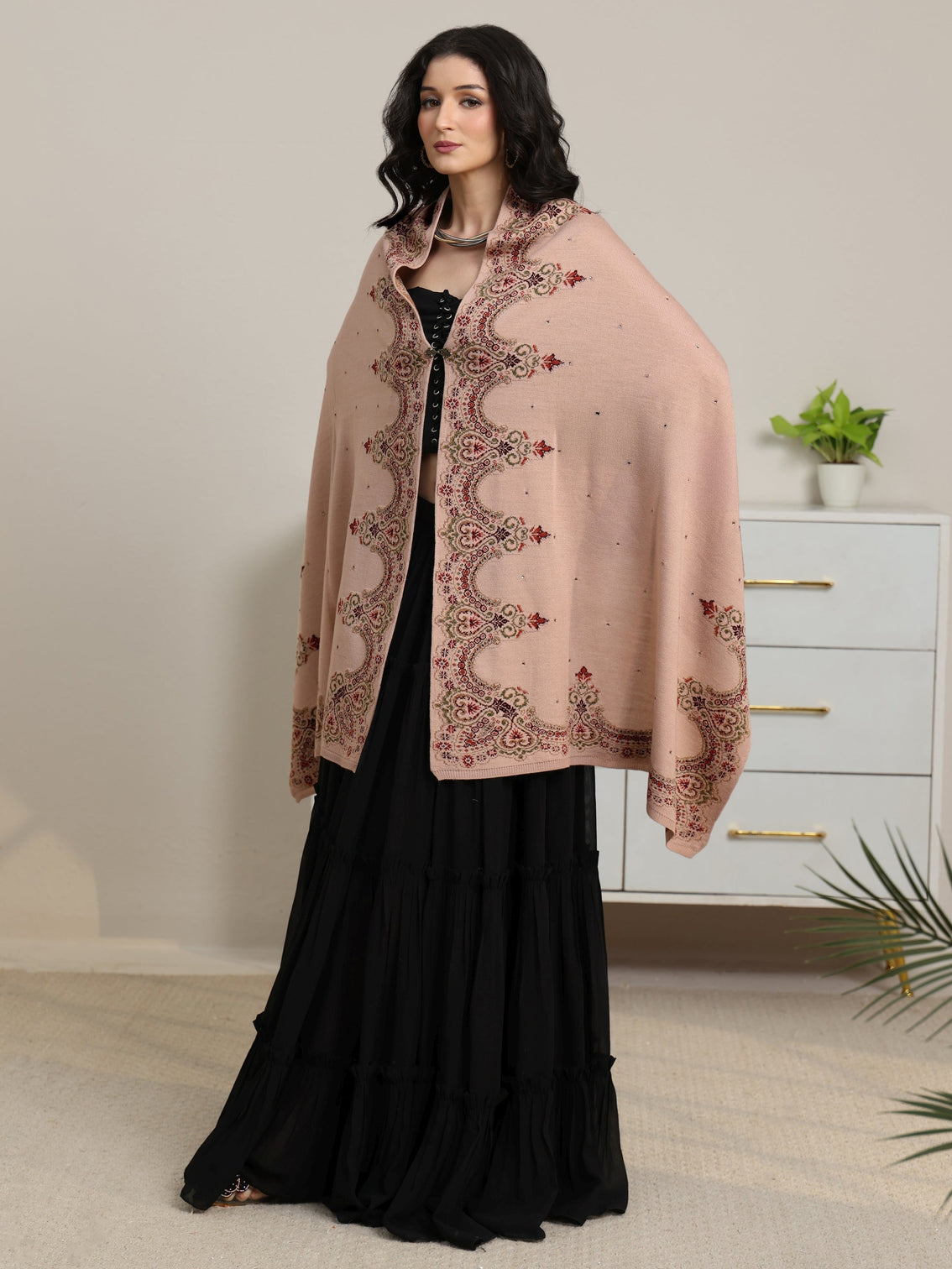 Mameraa Beige Knitted Acrylic Wrap Shawl