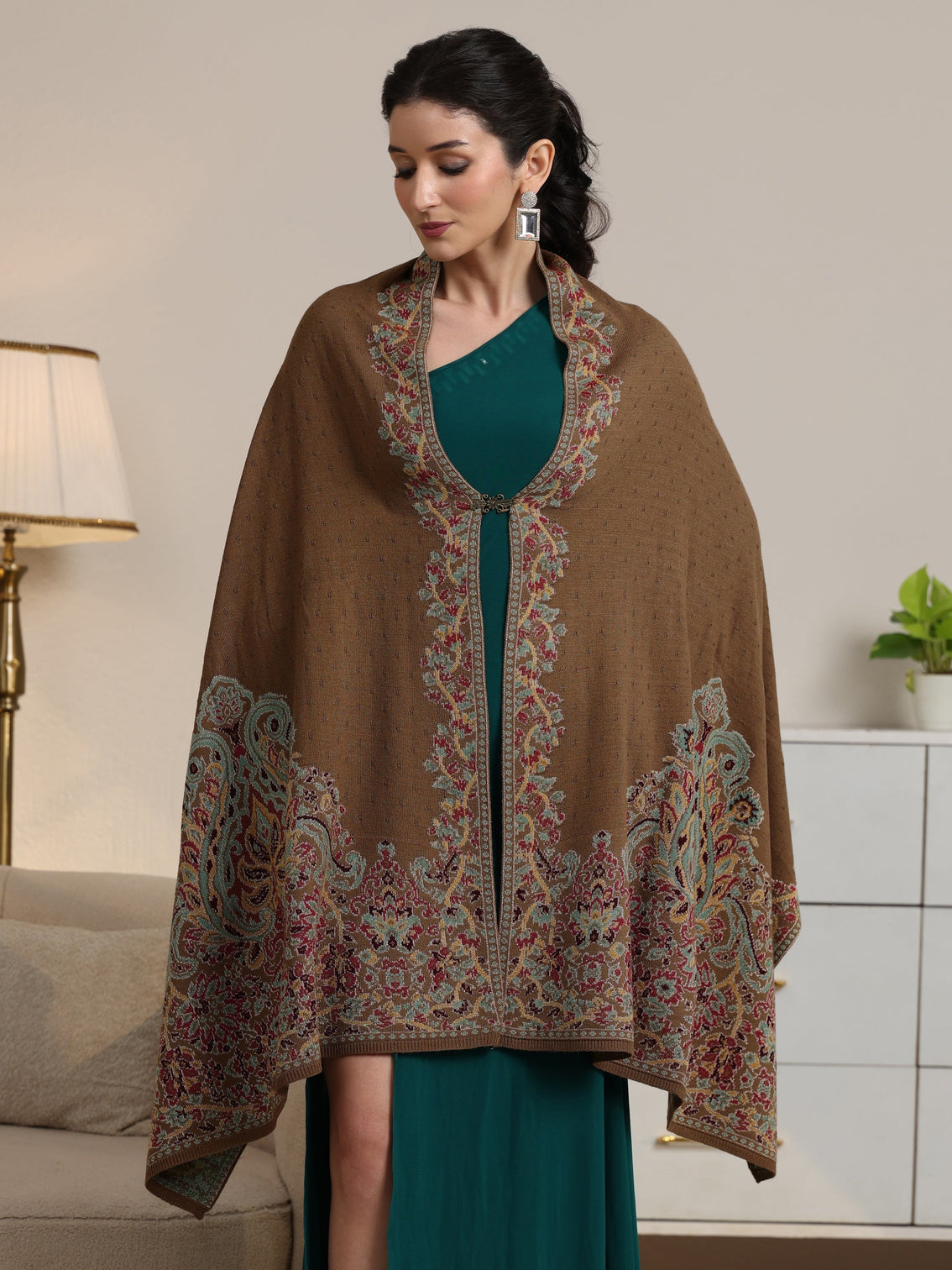 Mameraa Olive Green Floral Knitted Acrylic Wrap Shawl