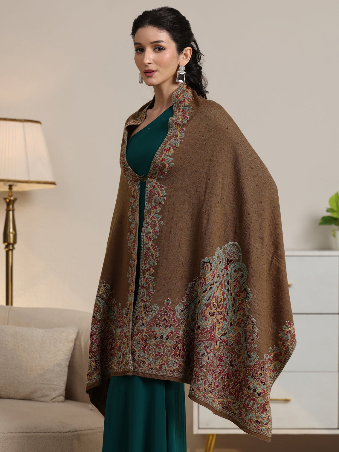 Mameraa Olive Green Floral Knitted Acrylic Wrap Shawl