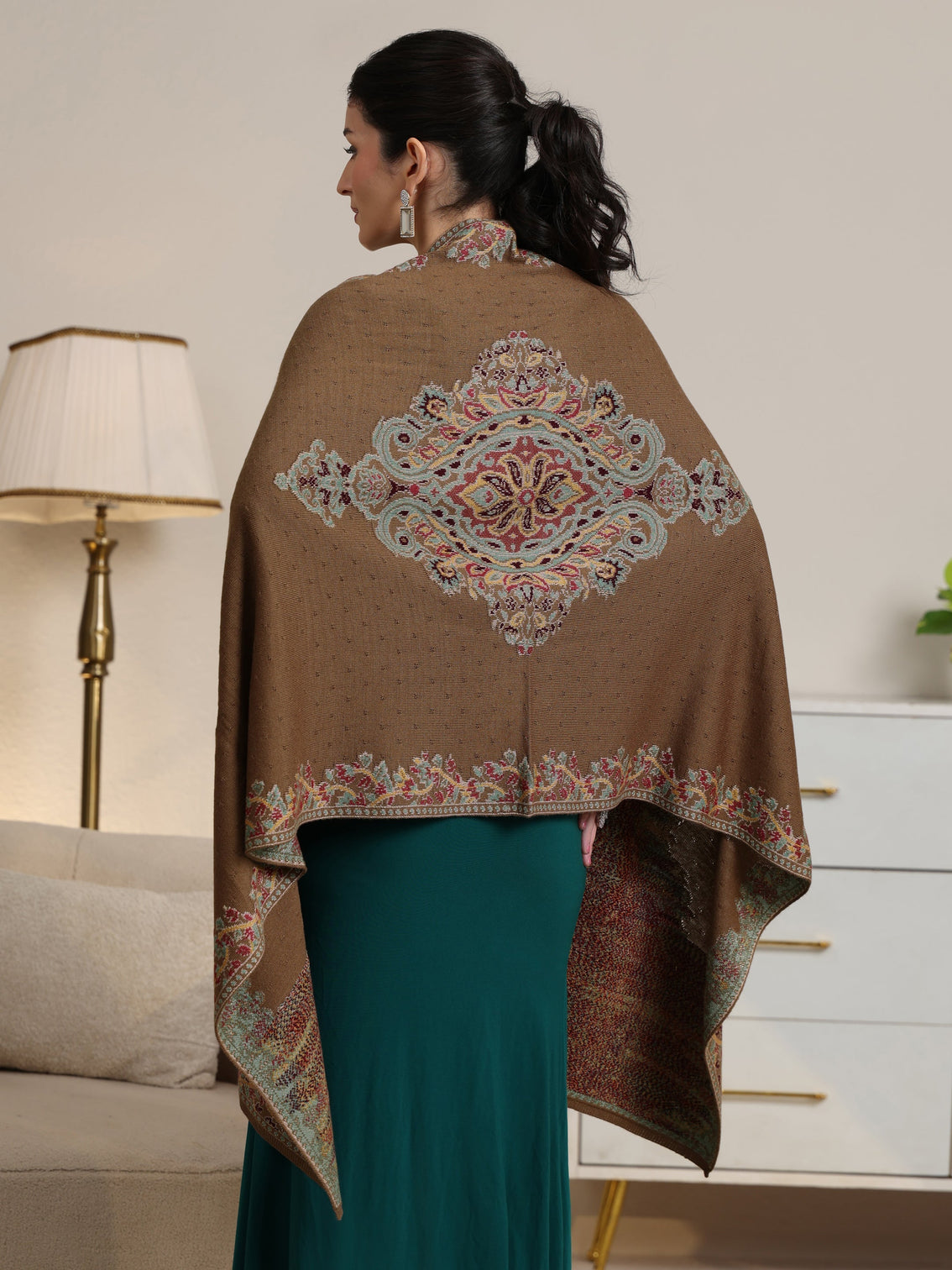 Mameraa Olive Green Floral Knitted Acrylic Wrap Shawl