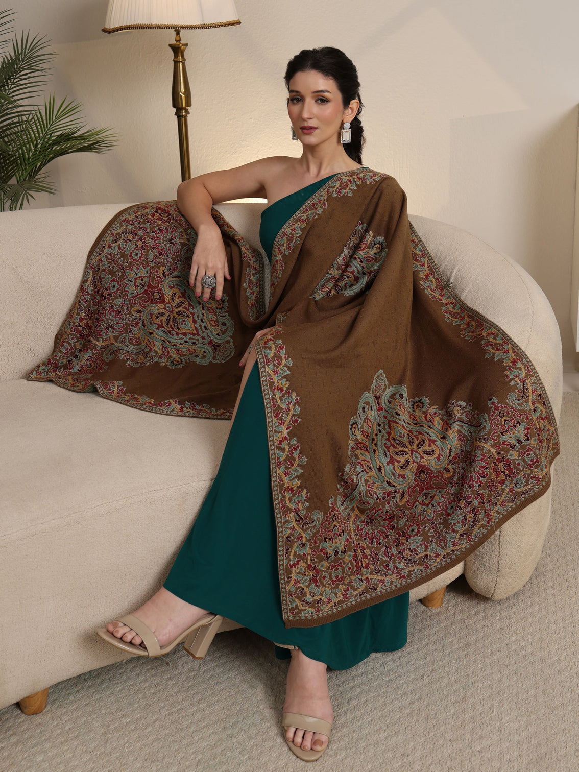 Mameraa Olive Green Floral Knitted Acrylic Wrap Shawl