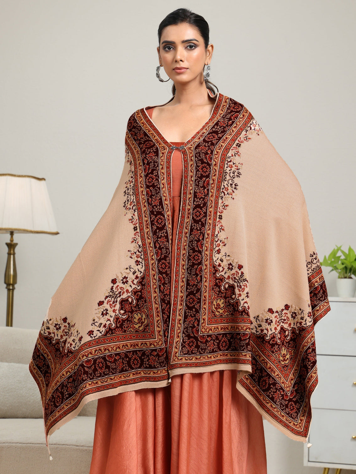 Mameraa Beige Ethnic Knitted Acrylic Wrap Shawl