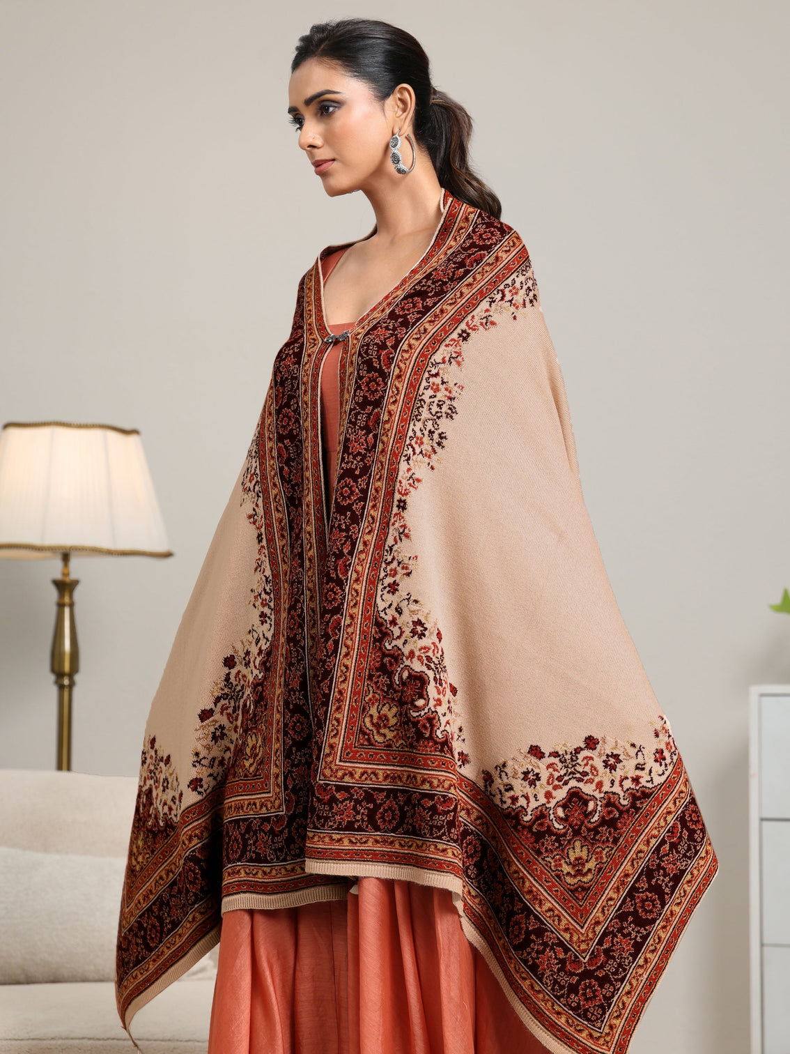 Mameraa Beige Ethnic Knitted Acrylic Wrap Shawl