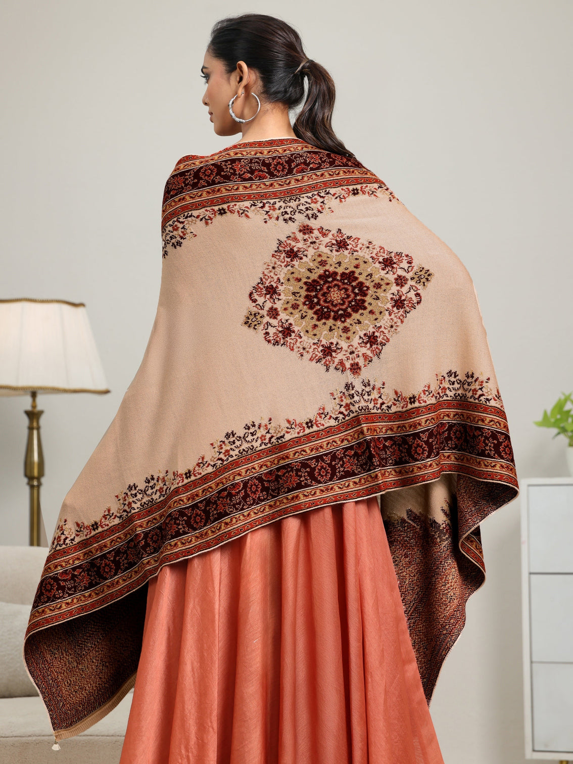 Mameraa Beige Ethnic Knitted Acrylic Wrap Shawl