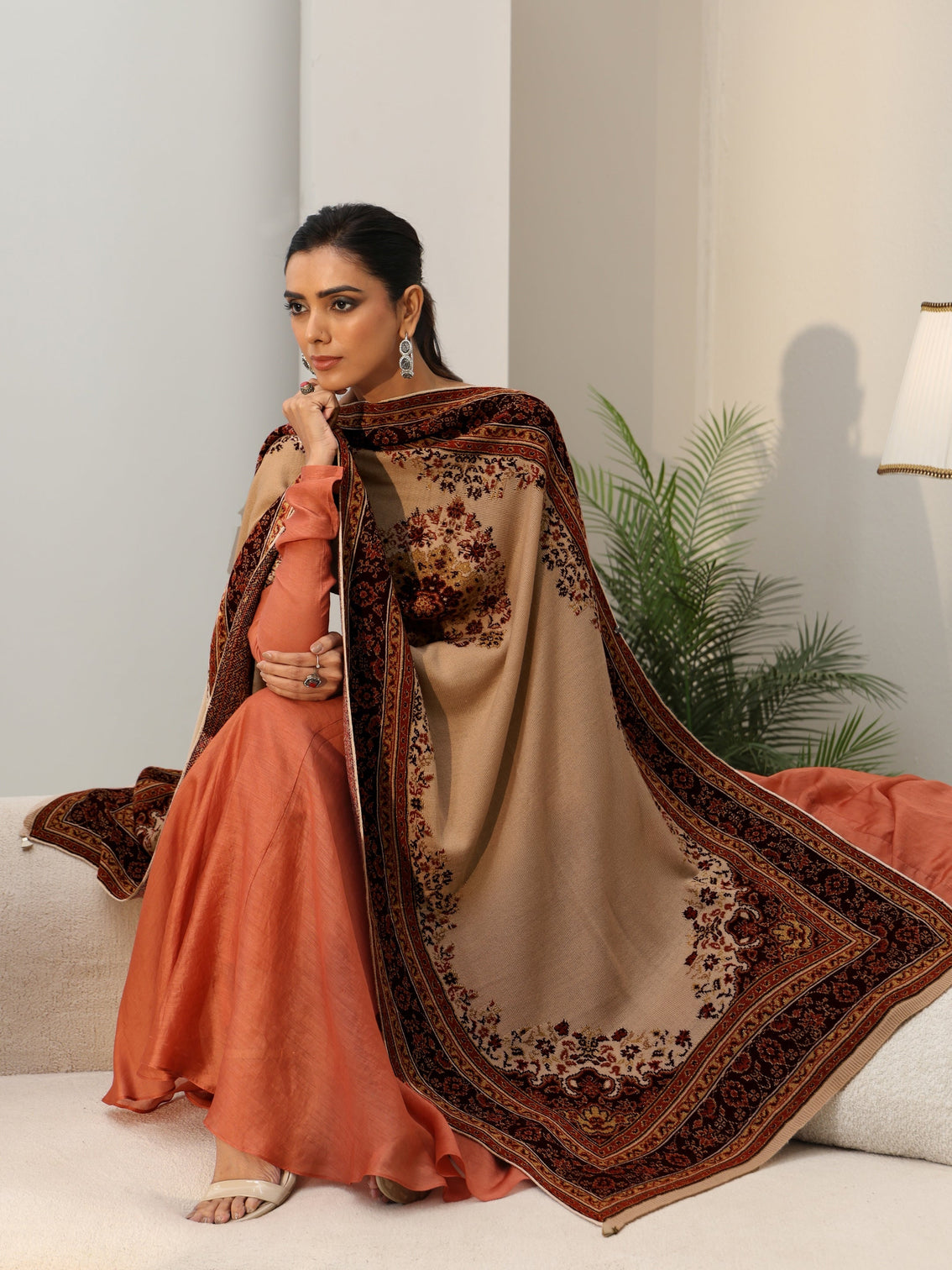 Mameraa Beige Ethnic Knitted Acrylic Wrap Shawl