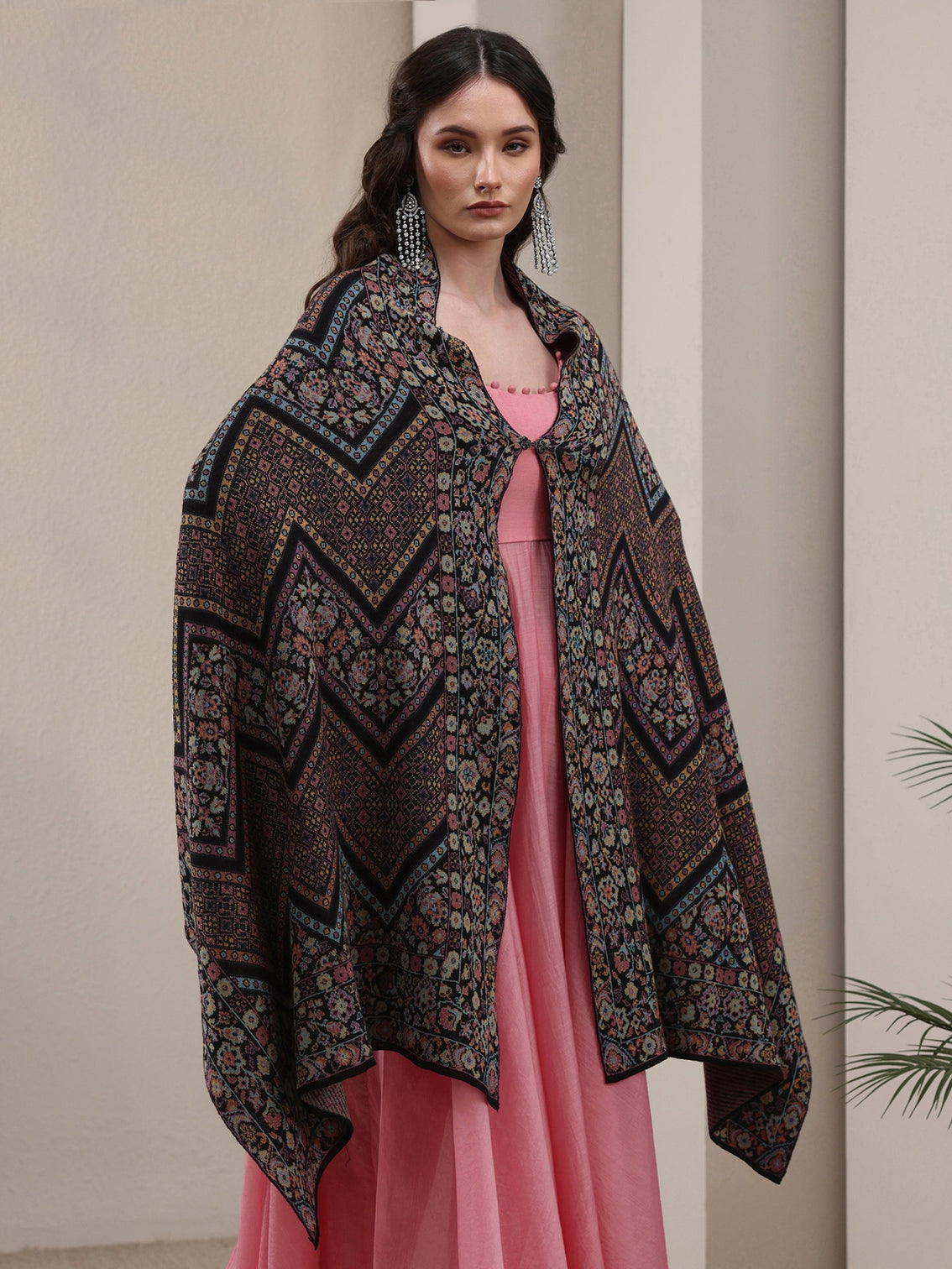 Mameraa Black Ethnic Knitted Acrylic Wrap Shawl