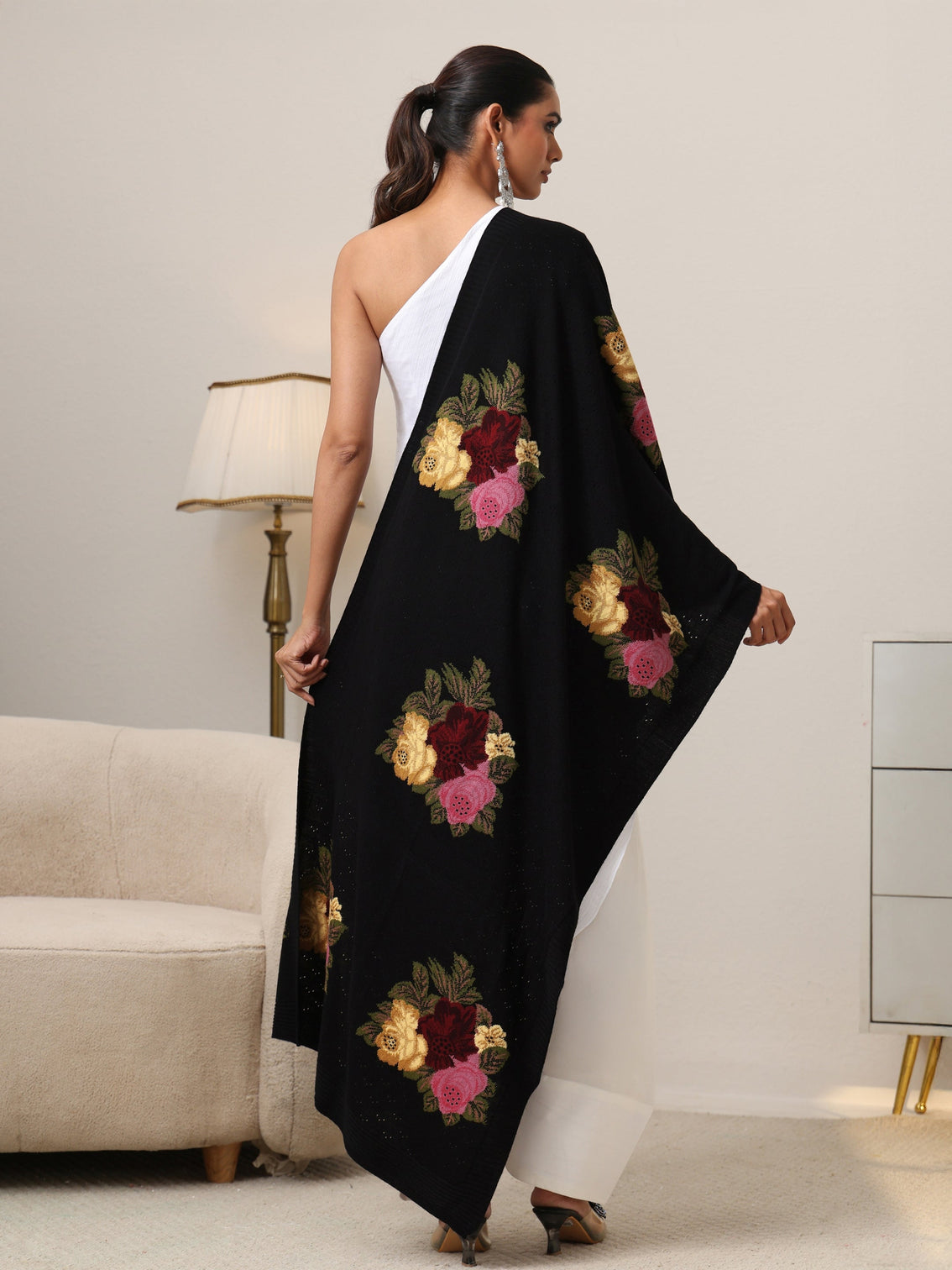 Mameraa Black Floral Knitted Acrylic Shawl