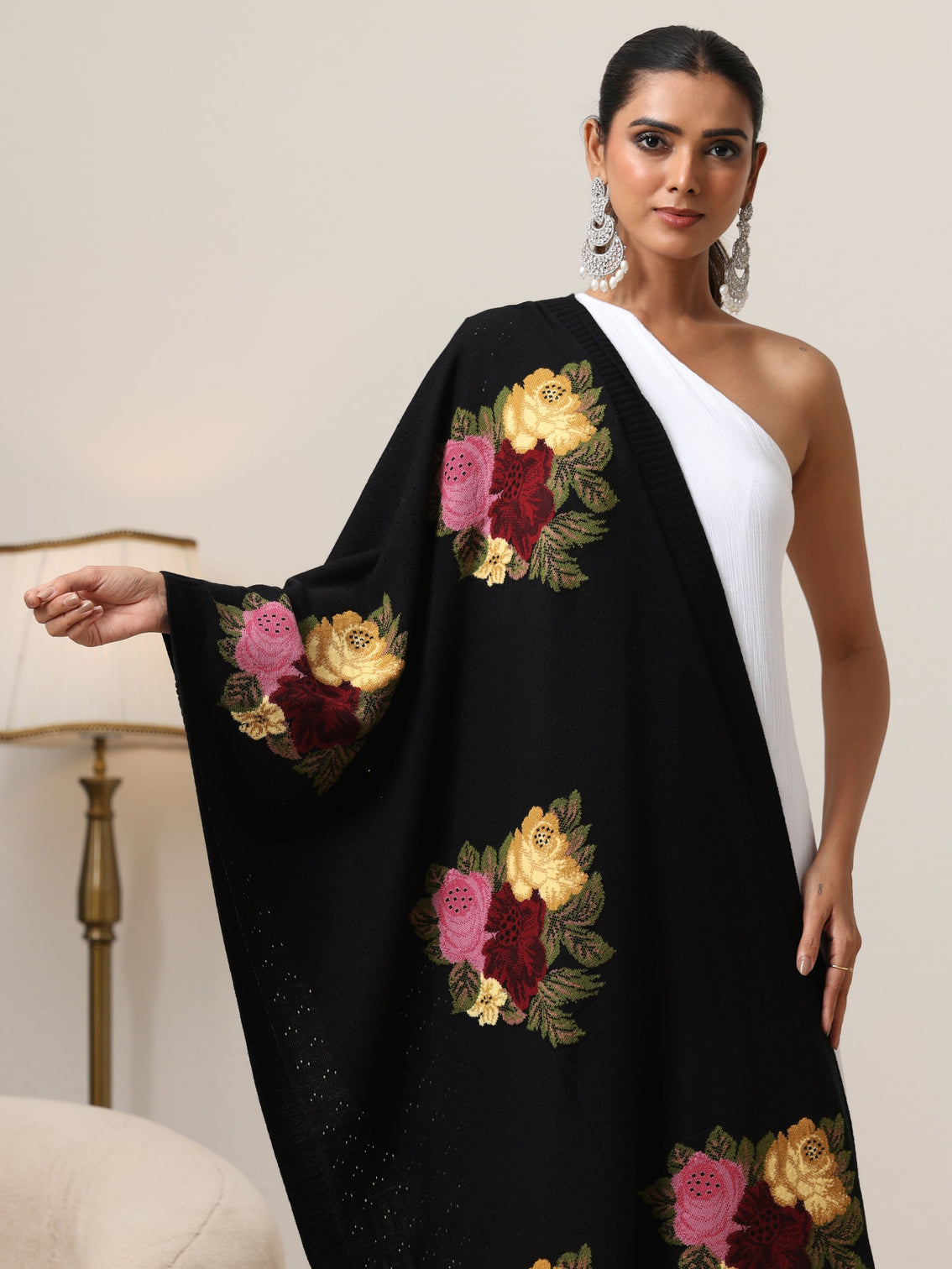 Mameraa Black Floral Knitted Acrylic Shawl