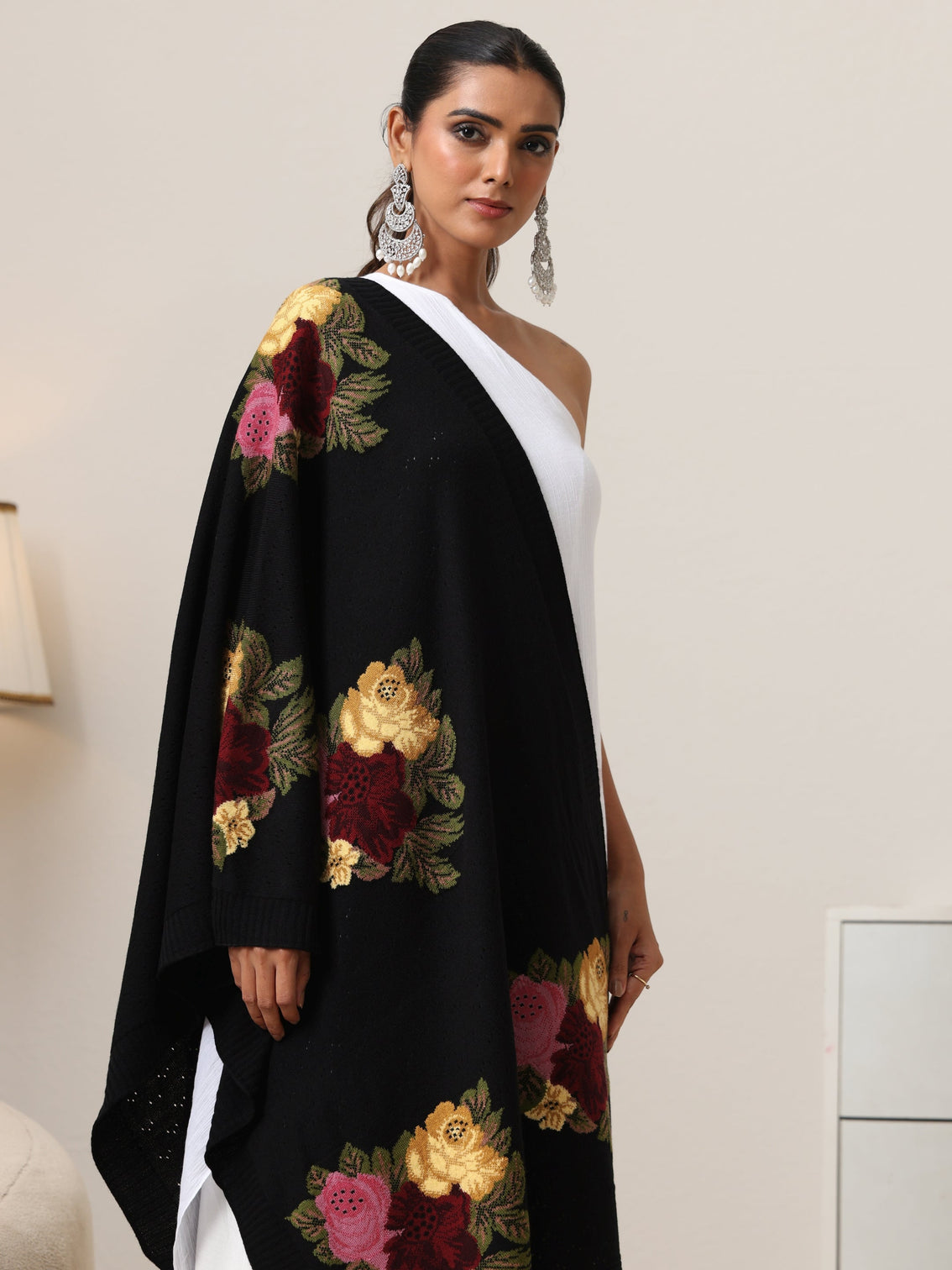 Mameraa Black Floral Knitted Acrylic Shawl