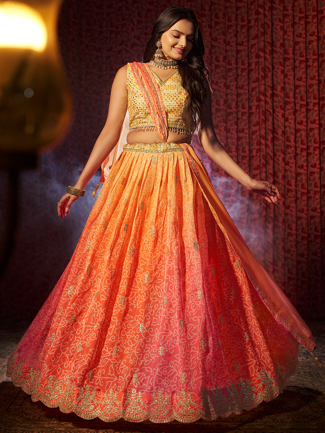 Gorgeous Orange Printed or Embroidered Organza Lehenga Choli