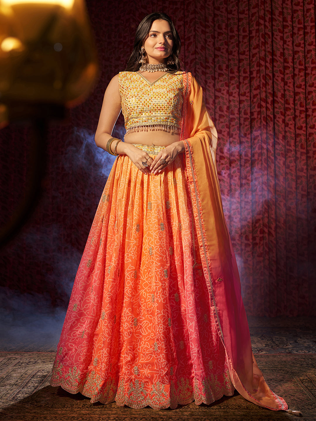 Gorgeous Orange Printed or Embroidered Organza Lehenga Choli