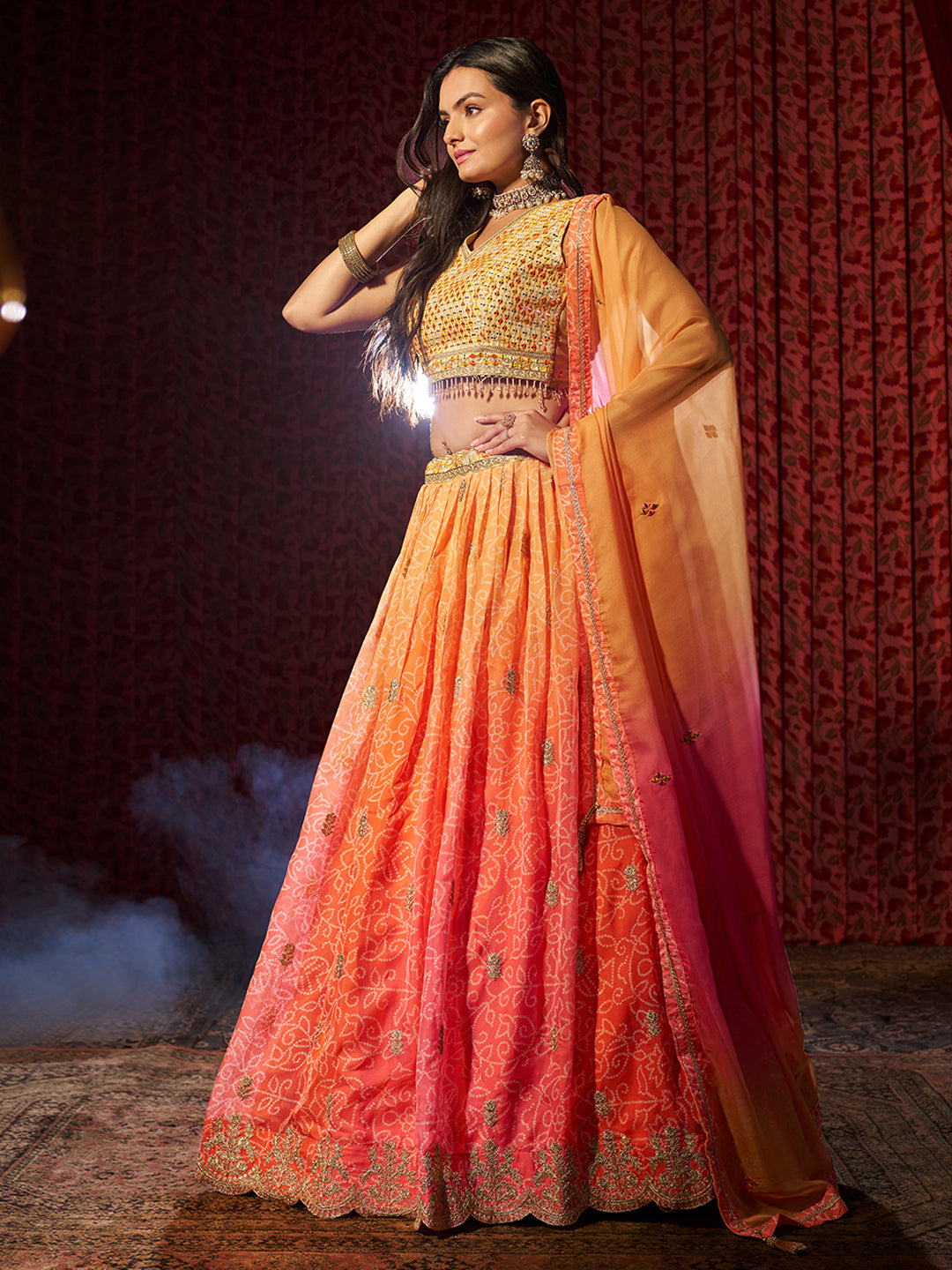 Gorgeous Orange Printed or Embroidered Organza Lehenga Choli