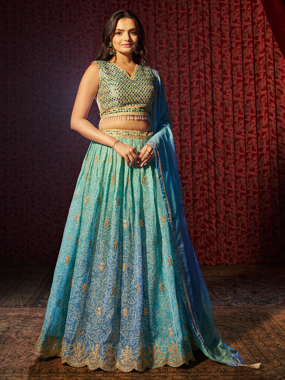 Breathtaking Blue Printed or Embroidered Organza Lehenga Choli