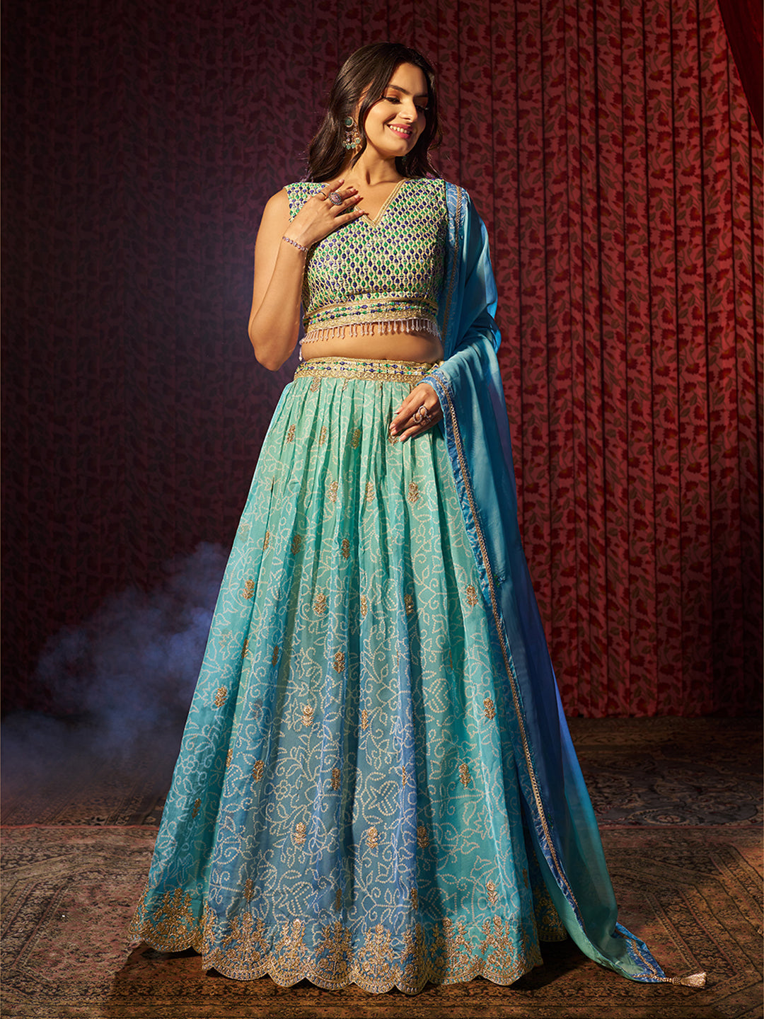 Breathtaking Blue Printed or Embroidered Organza Lehenga Choli